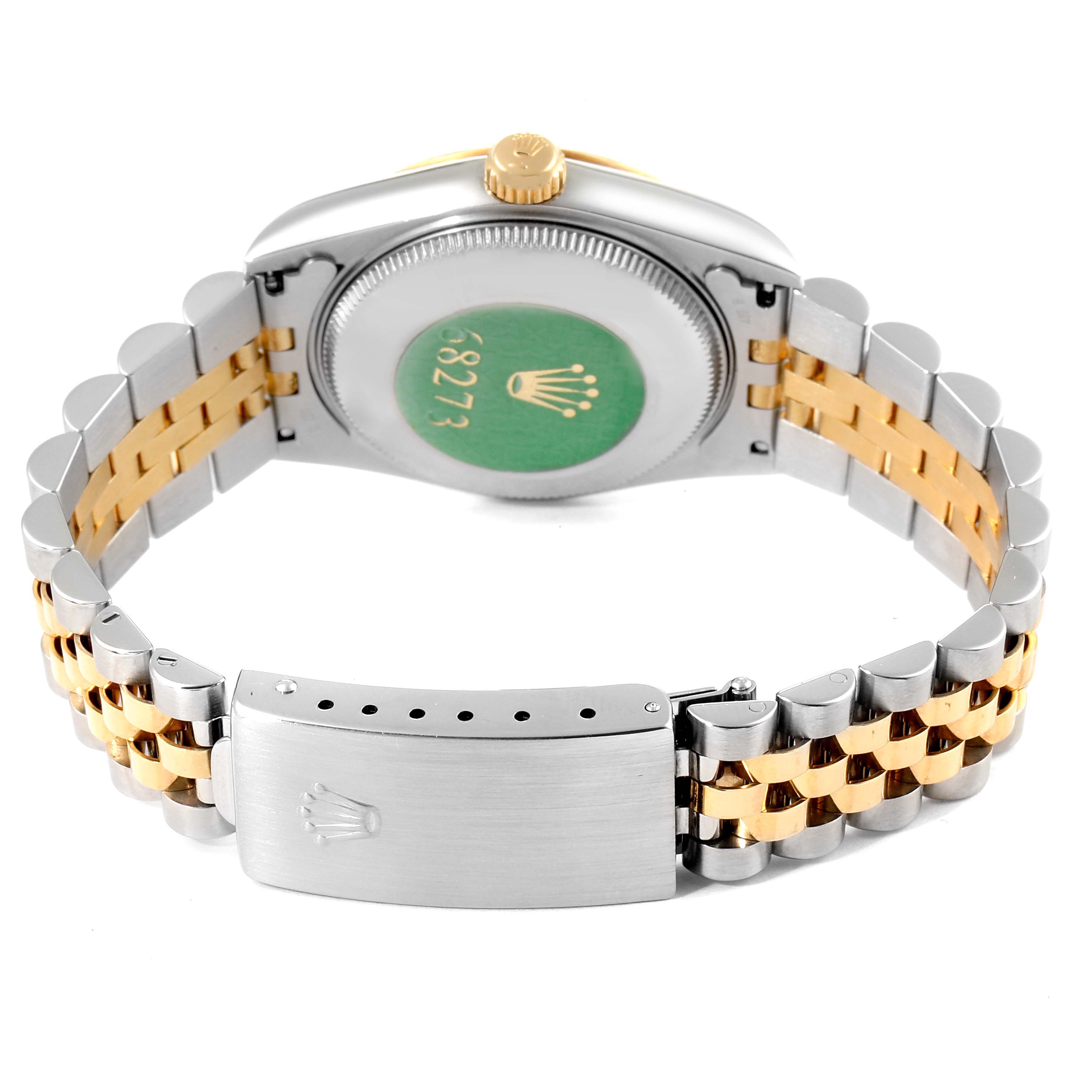 The image shows the back case and clasp of a Rolex Mid-Size 68273 Women's Steel and Gold (two tone) Champagne Dial 68273 Women's Steel and Gold (two tone) Champagne Dial watch with a two-tone bracelet.