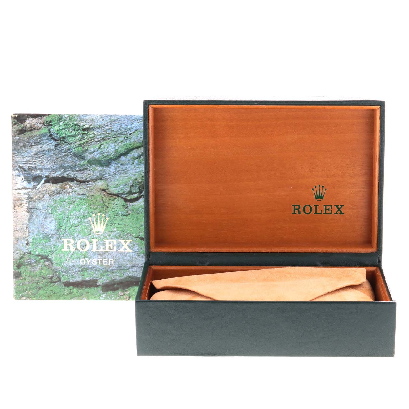 The image shows an open Rolex watch box and an accompanying booklet for a Mid-Size model Rolex.