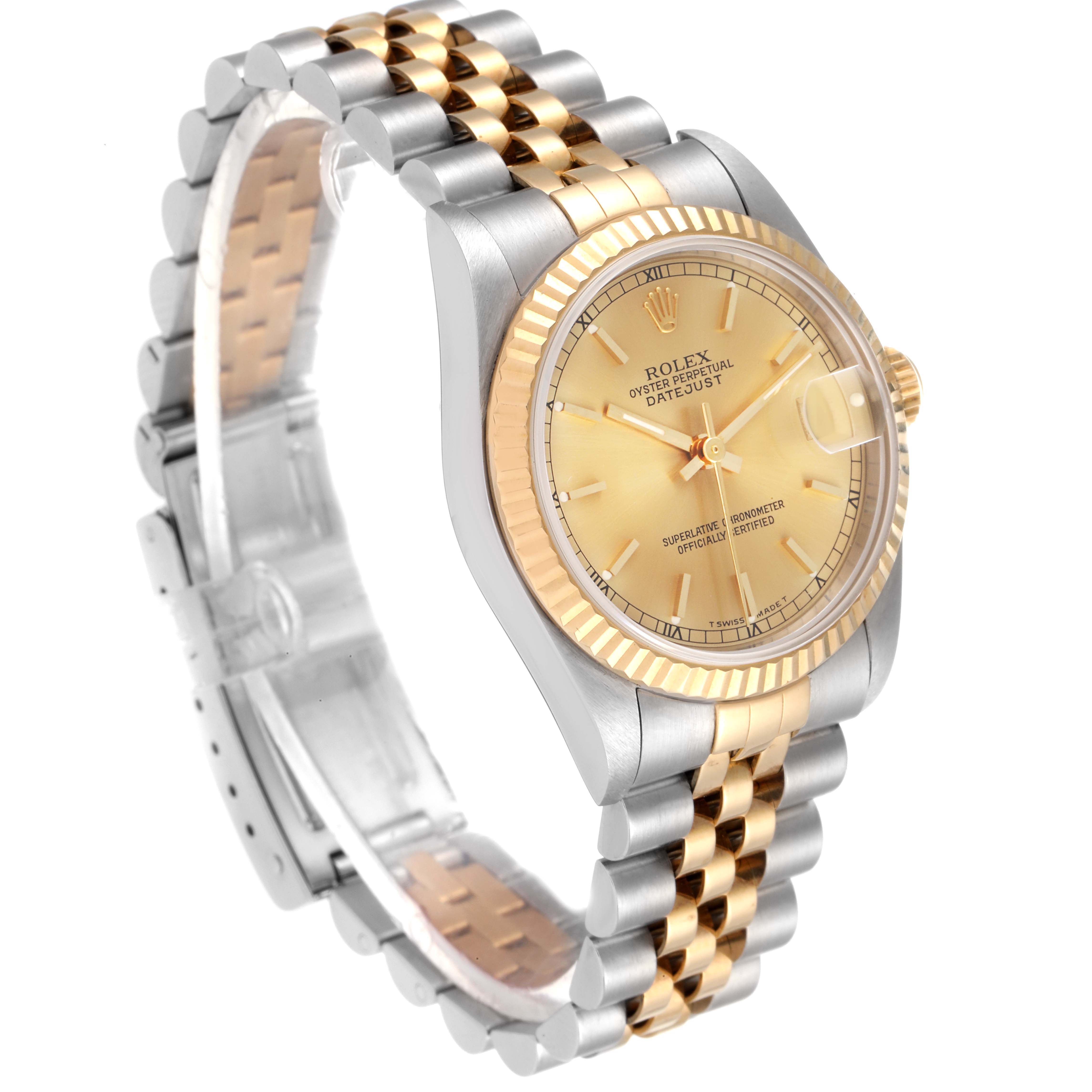 This image features a Rolex Datejust Mid-Size watch, highlighting its bezel, dial, and two-tone bracelet from a front-side angle.