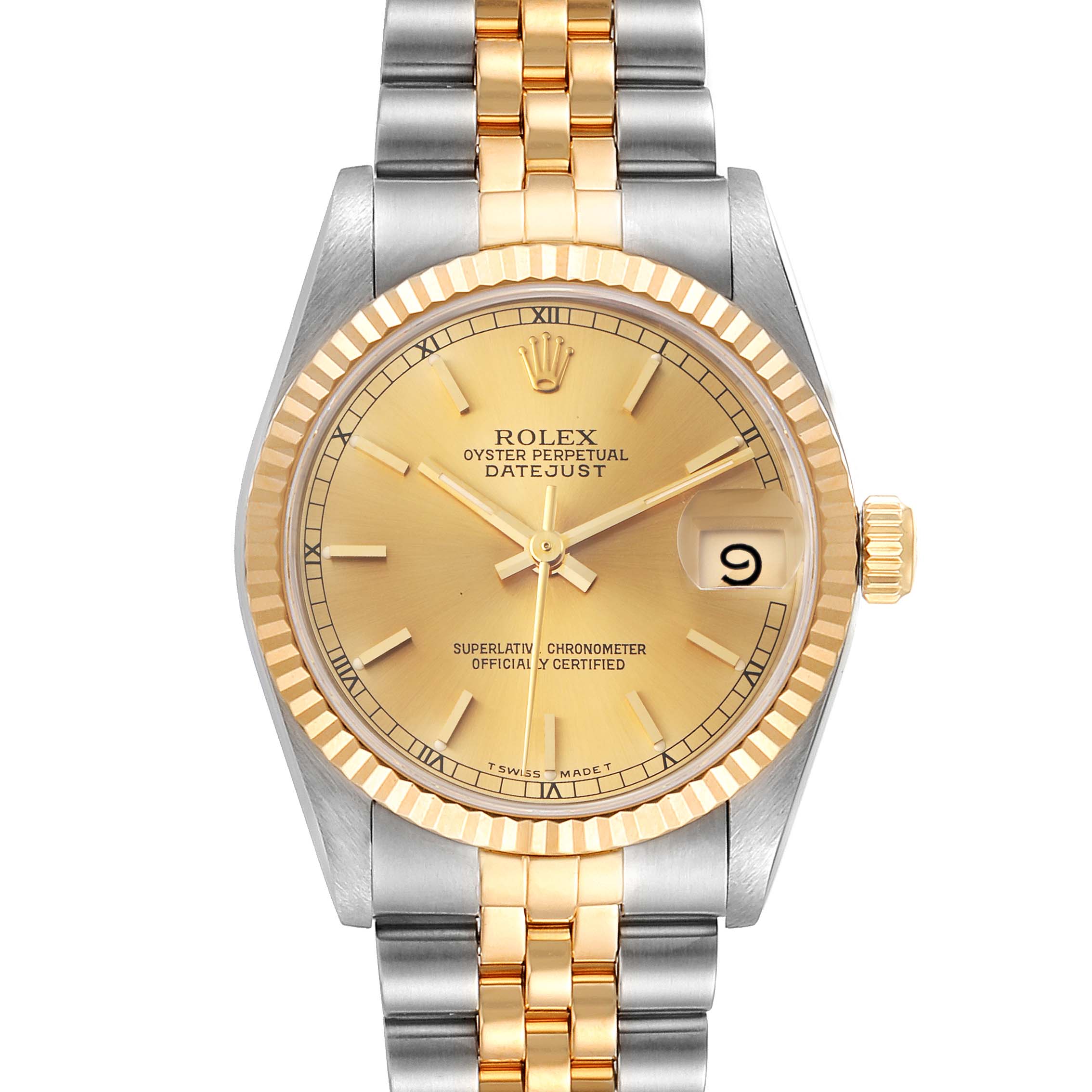 The Rolex Mid-Size 68273 Women's Steel and Gold (two tone) Champagne Dial 68273 Women's Steel and Gold (two tone) Champagne Dial Datejust watch is shown from a front angle, featuring a gold bezel, gold dial, and a two-tone bracelet.