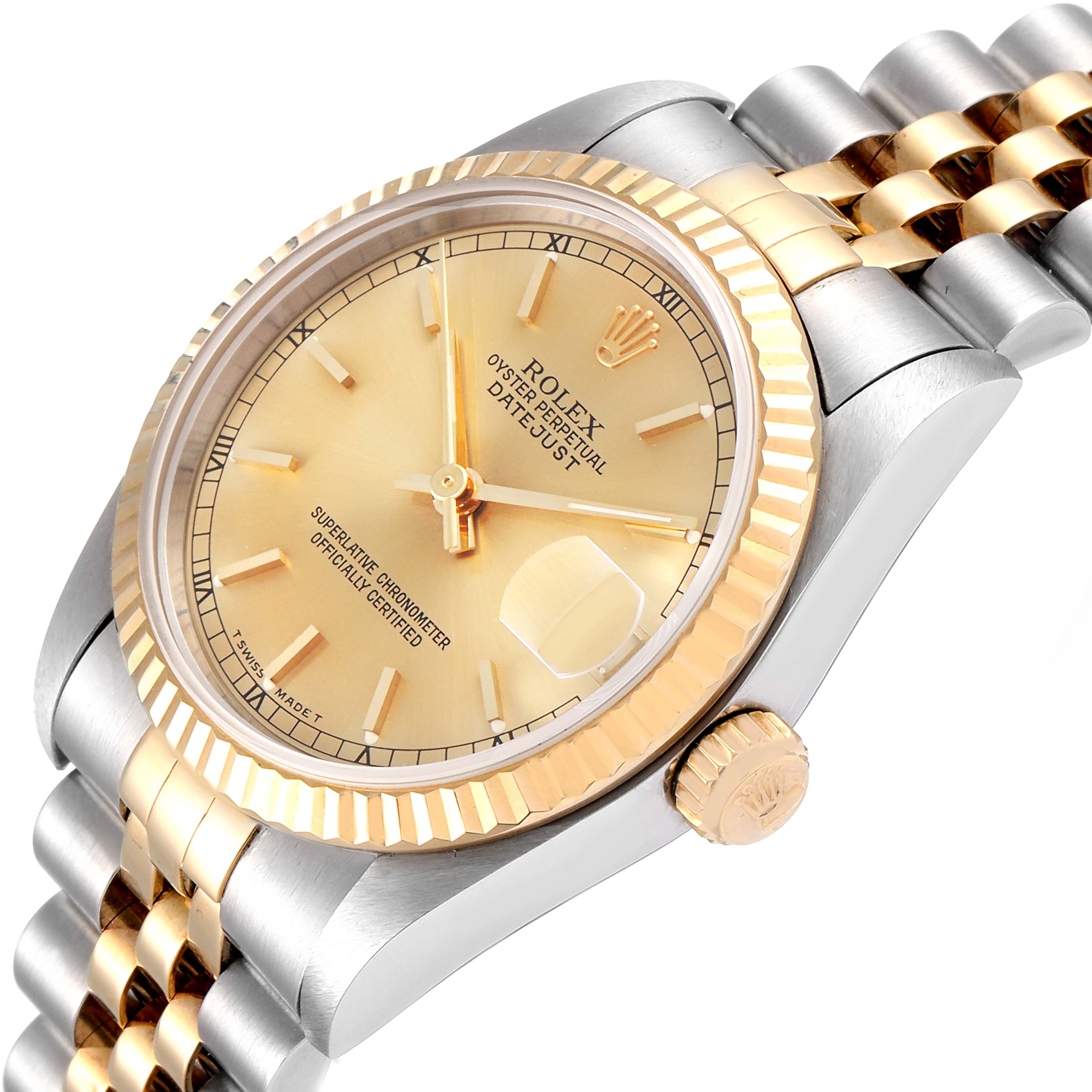 This image shows a Rolex Mid-Size 68273 Women's Steel and Gold (two tone) Champagne Dial 68273 Women's Steel and Gold (two tone) Champagne Dial Oyster Perpetual Datejust watch at a slight angle displaying the dial, case, crown, and bracelet.