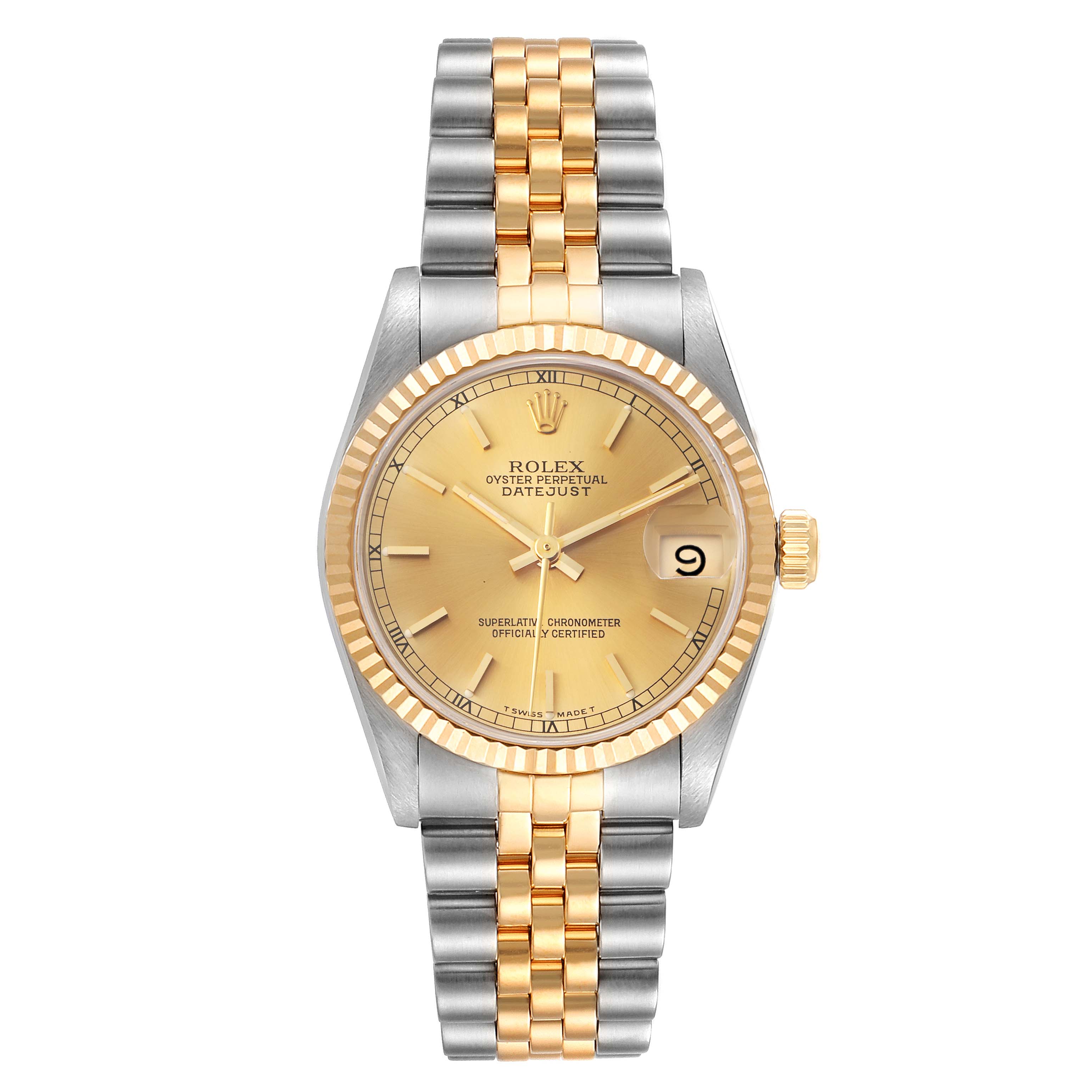 The image shows a front view of the Rolex Mid-Size 68273 Women's Steel and Gold (two tone) Champagne Dial 68273 Women's Steel and Gold (two tone) Champagne Dial Datejust watch, displaying the dial, bezel, and bracelet.