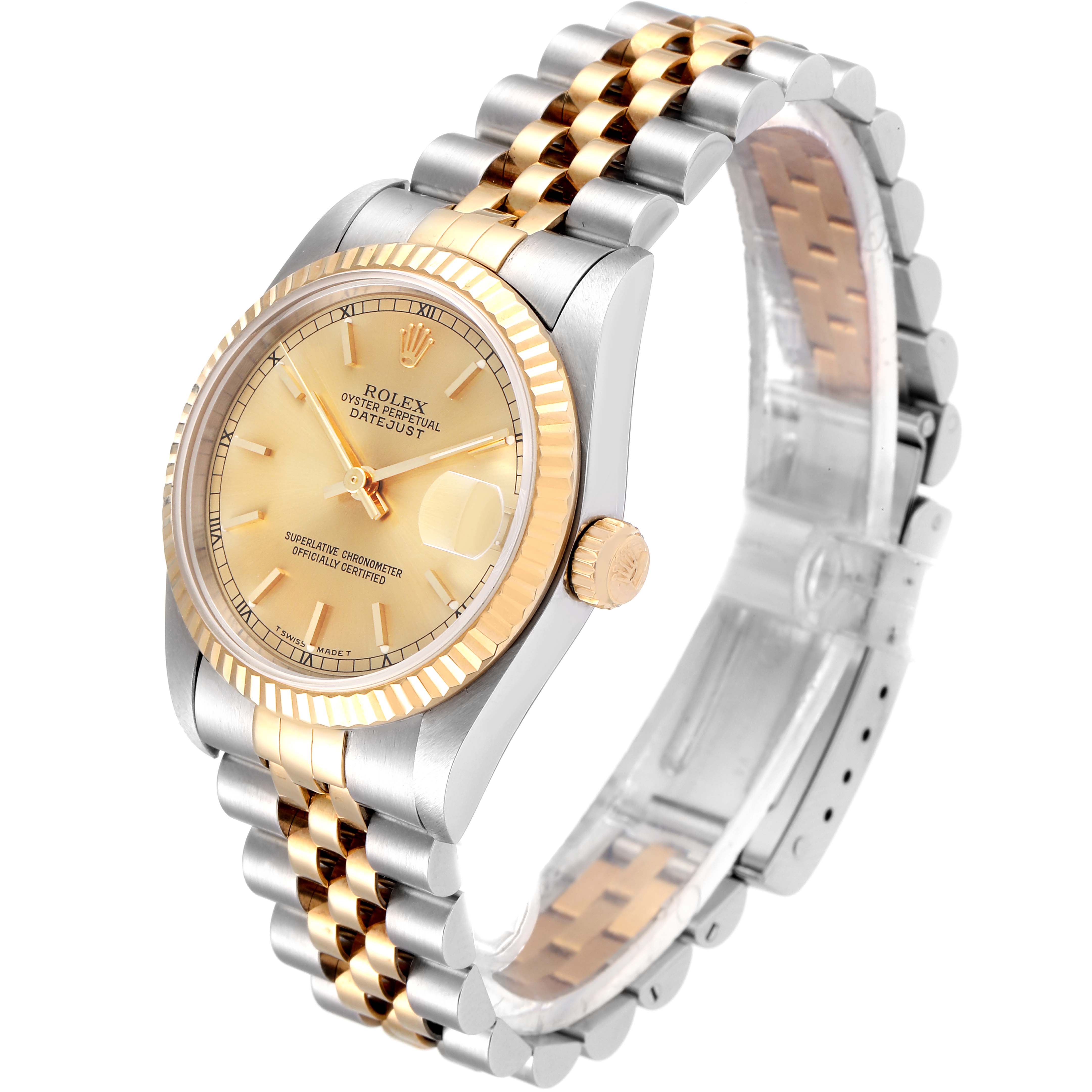 The Rolex Mid-Size 68273 Women's Steel and Gold (two tone) Champagne Dial 68273 Women's Steel and Gold (two tone) Champagne Dial model is shown at a three-quarter angle, highlighting its two-tone bracelet and face.
