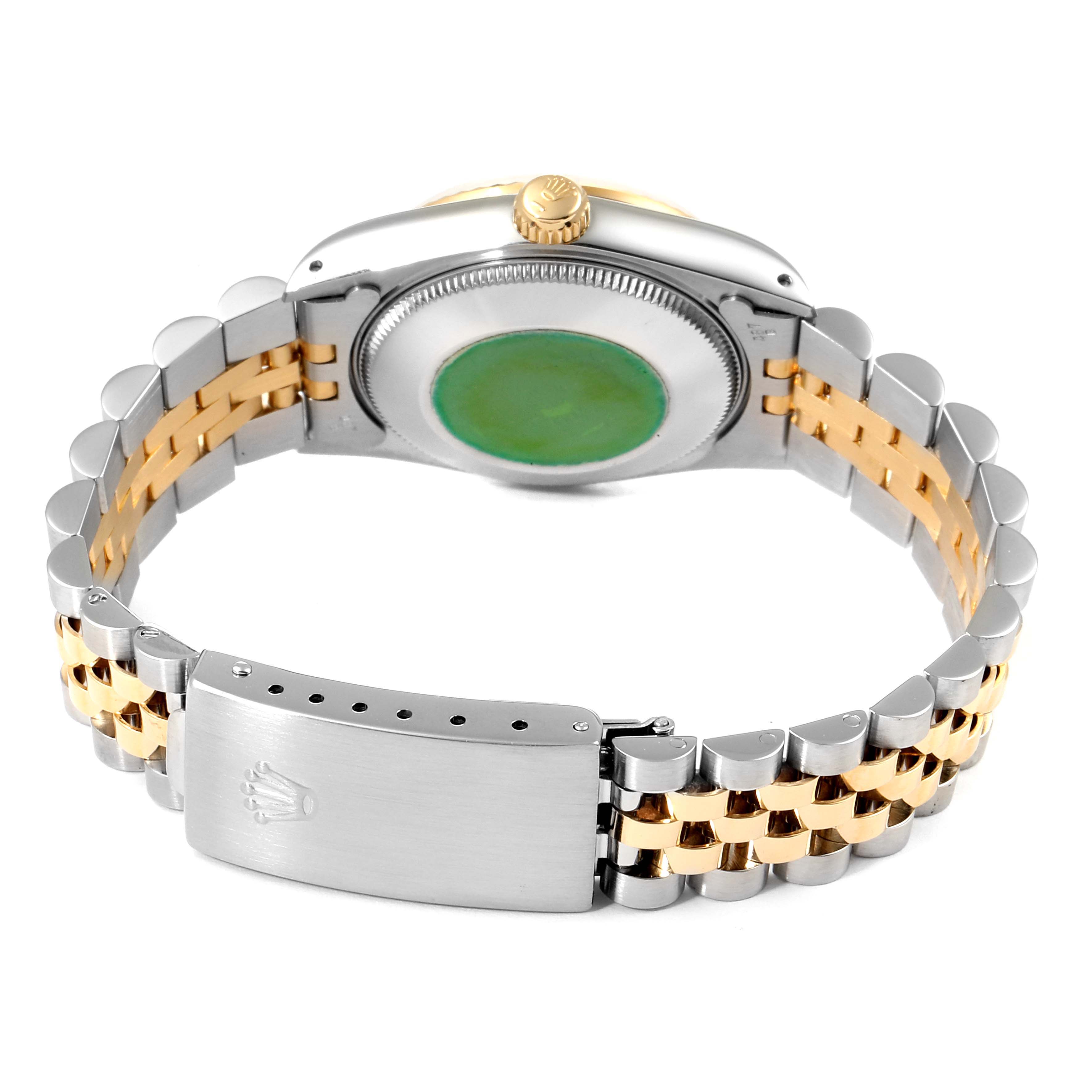 The image shows the back view of the Rolex Mid-Size 68273 Women's Steel and Gold (two tone) Grey Dial 68273 Women's Steel and Gold (two tone) Grey Dial model watch, highlighting the bracelet and clasp.