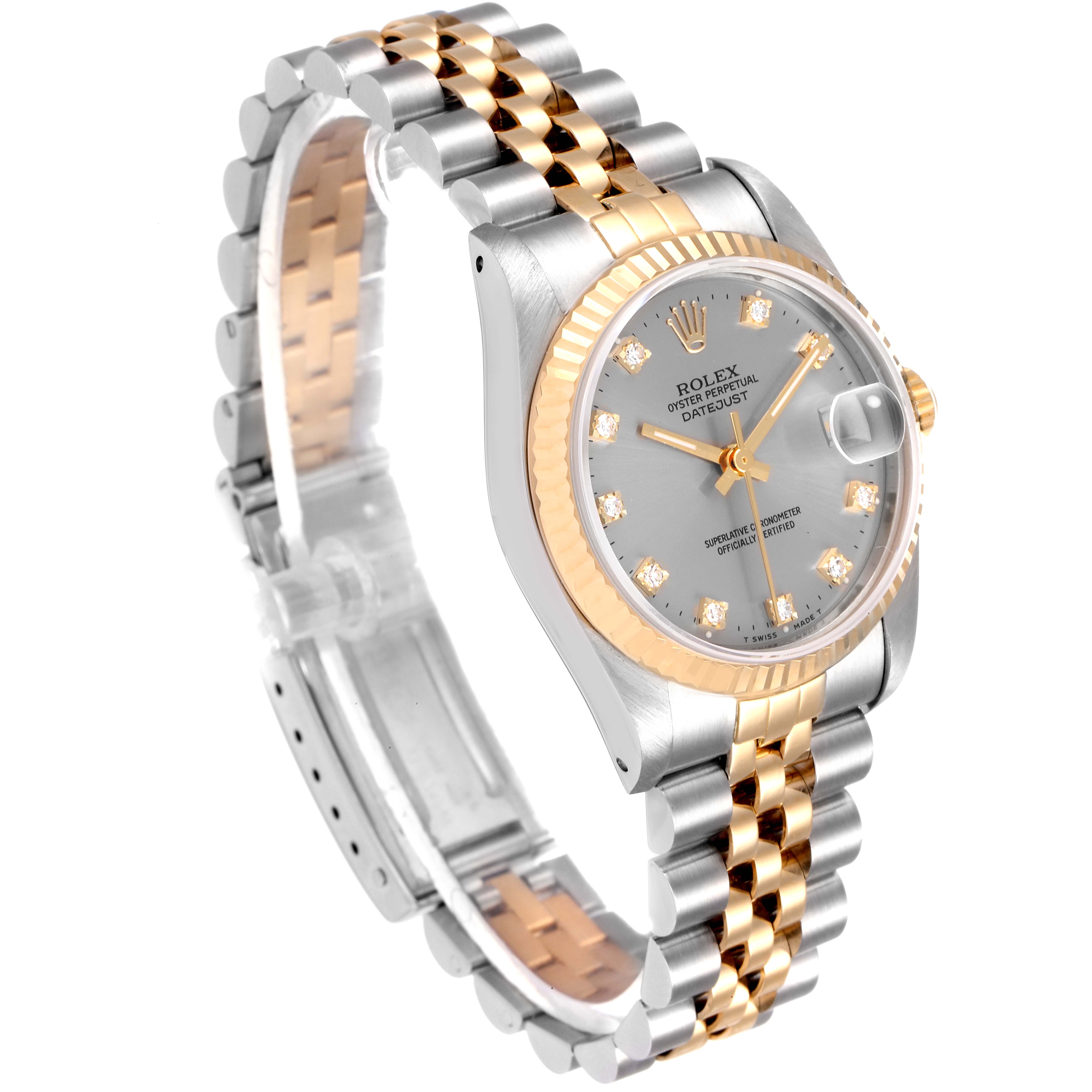 The image shows a side angle of a mid-size Rolex Oyster Perpetual Datejust watch, highlighting the dial, bezel, and bracelet.