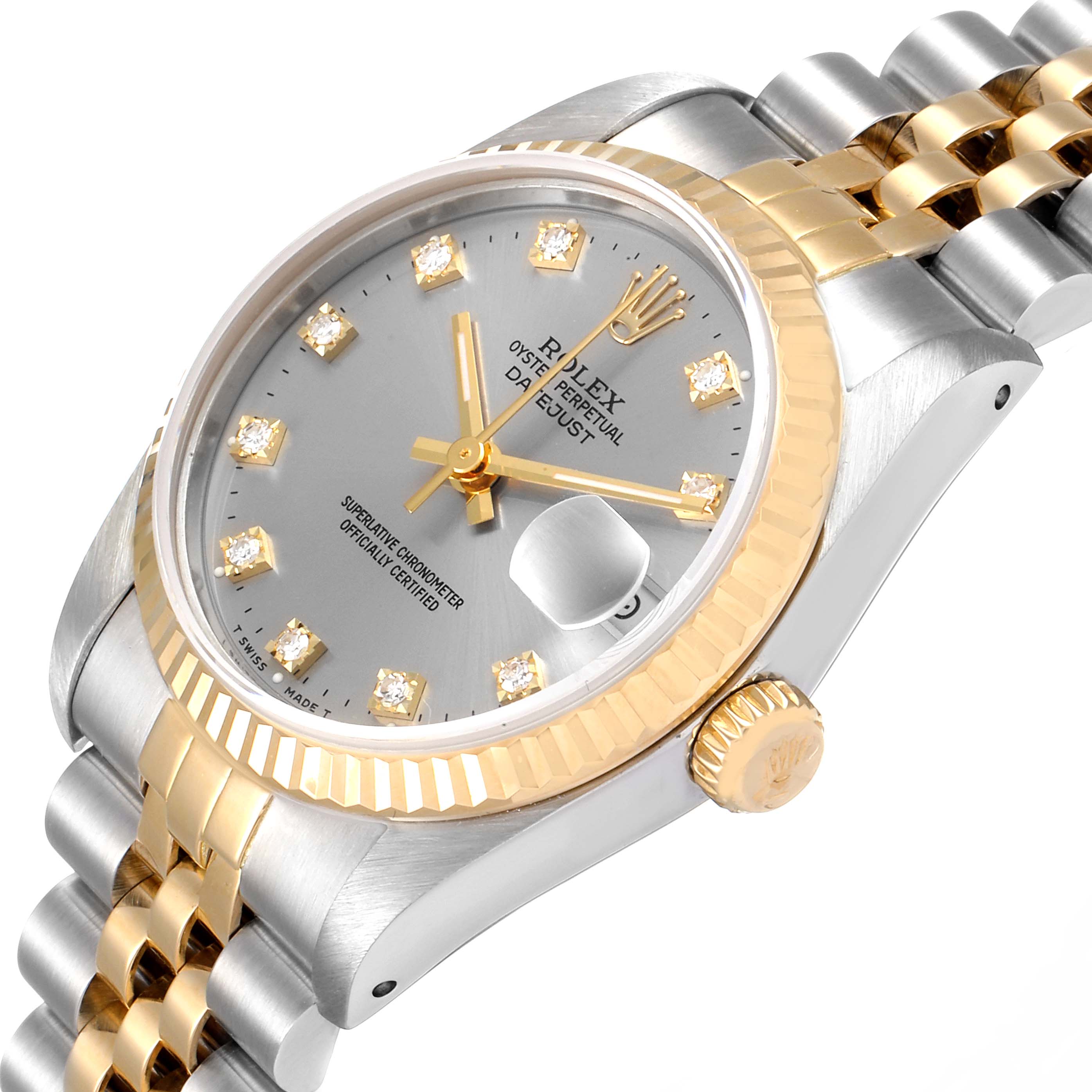 The image shows a Rolex Mid-Size 68273 Women's Steel and Gold (two tone) Grey Dial 68273 Women's Steel and Gold (two tone) Grey Dial Datejust watch at an angled view, highlighting its dial, hands, bezel, crown, and part of the bracelet.