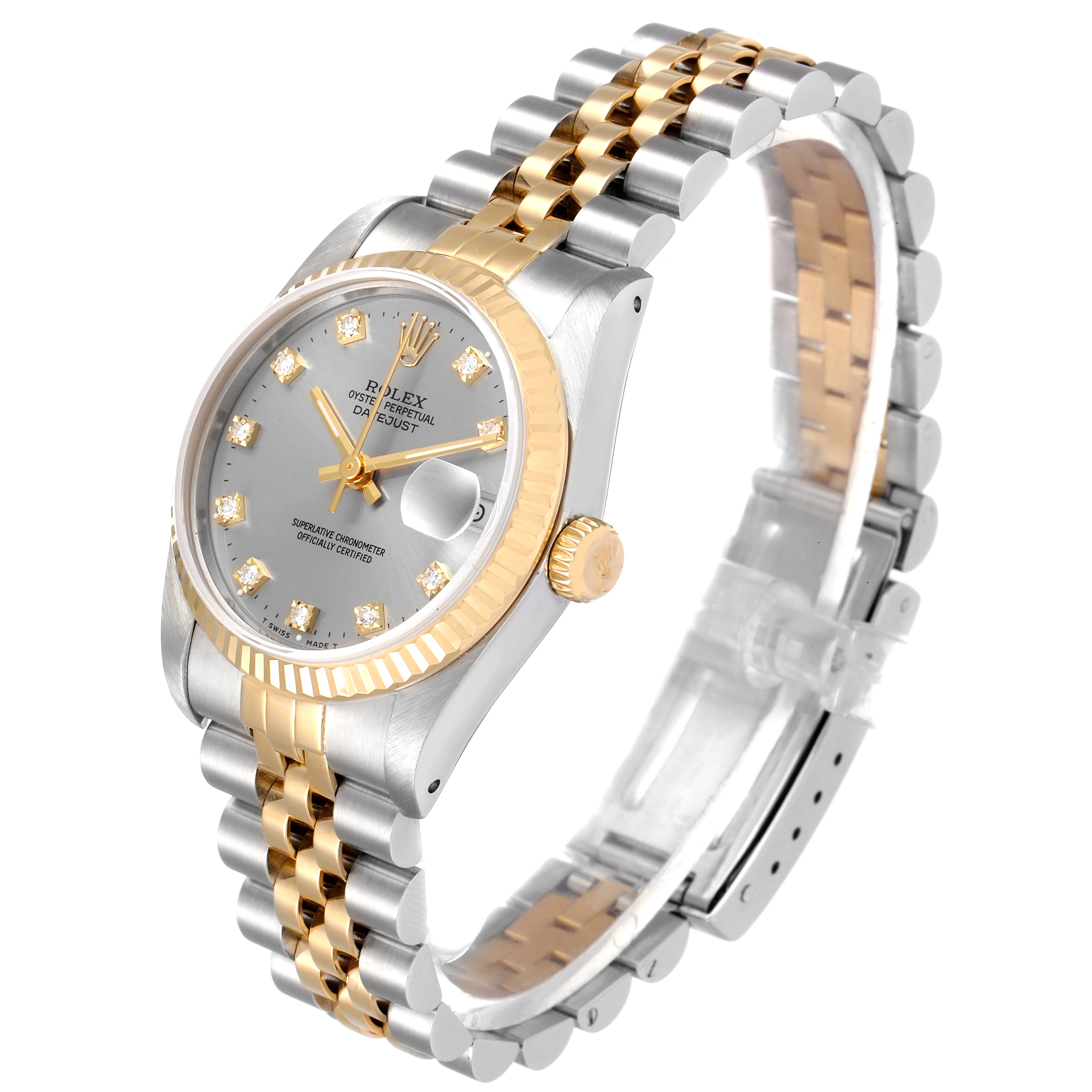 The image shows a Rolex Mid-Size 68273 Women's Steel and Gold (two tone) Grey Dial 68273 Women's Steel and Gold (two tone) Grey Dial model watch at a three-quarter angle, displaying the dial, bezel, crown, and bracelet.