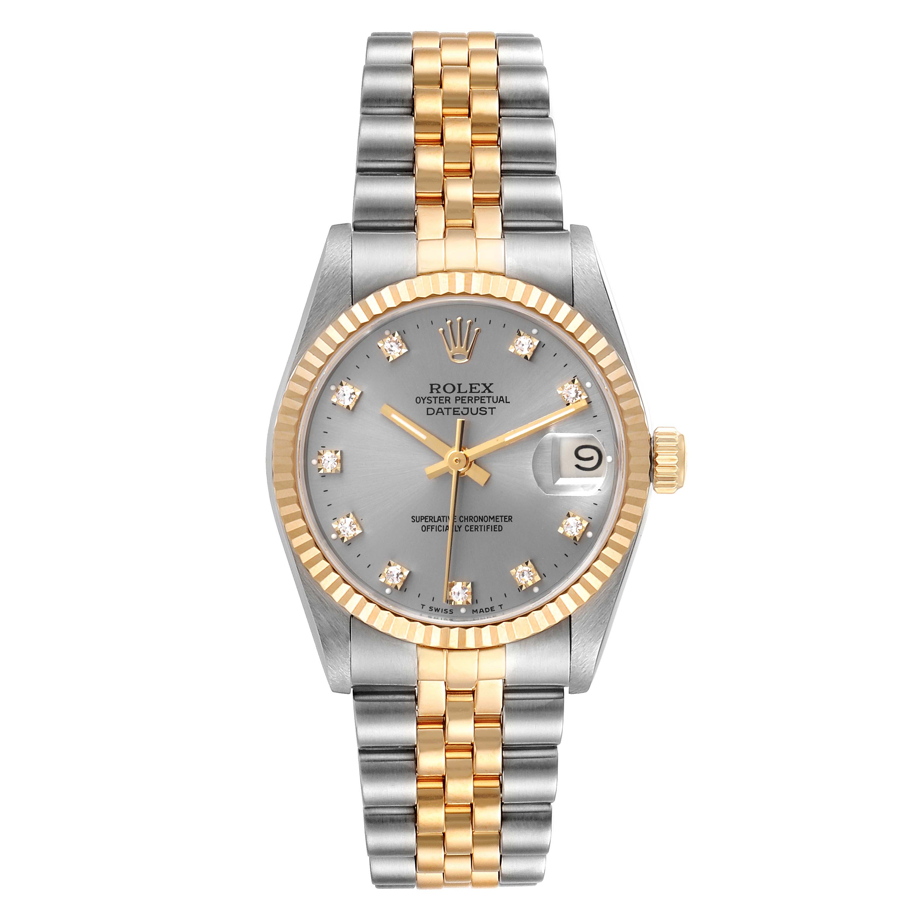 This image shows the front view of a Rolex Mid-Size 68273 Women's Steel and Gold (two tone) Grey Dial 68273 Women's Steel and Gold (two tone) Grey Dial Oyster Perpetual Datejust, including its dial, bezel, and bracelet.