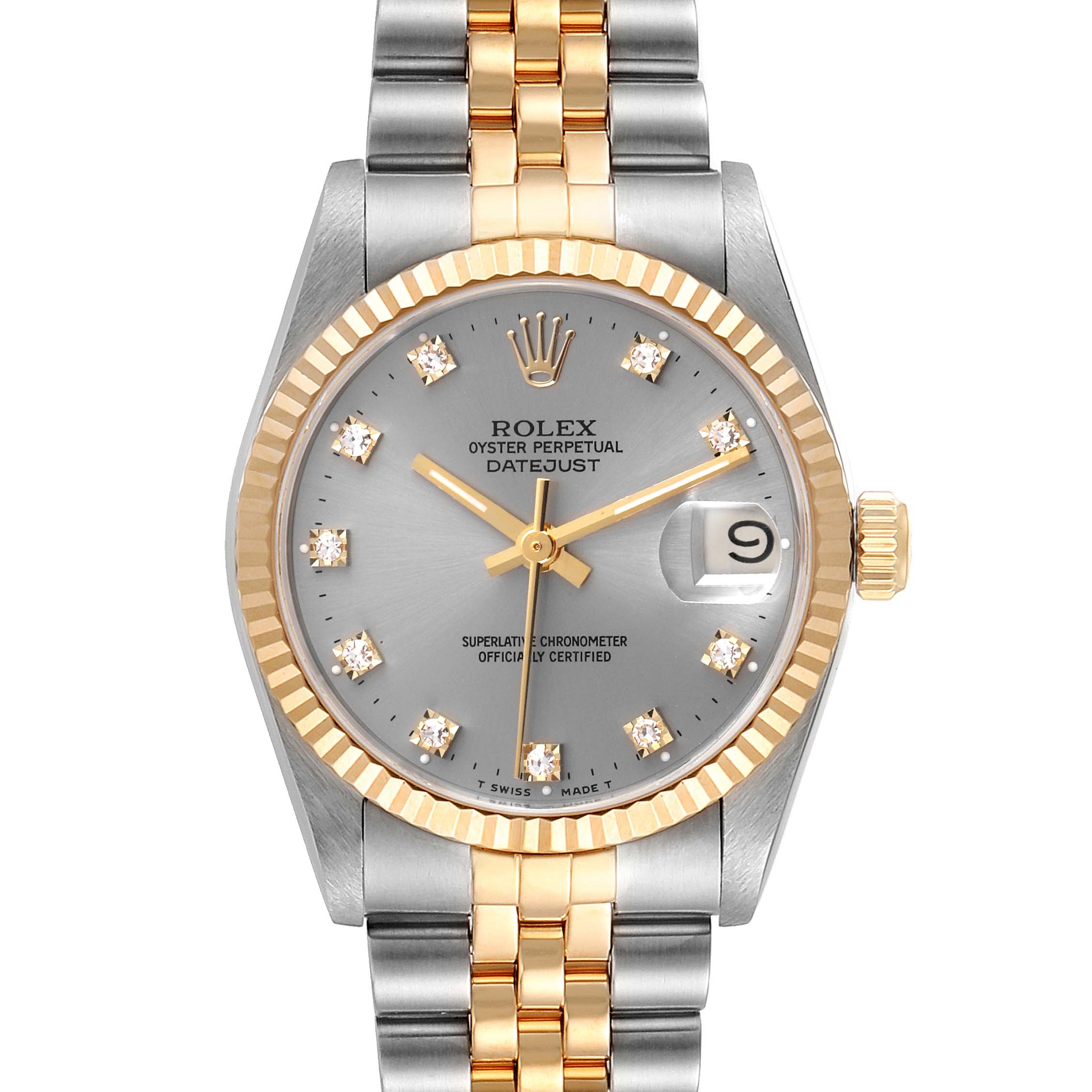 The image shows the front view of a Rolex Oyster Perpetual Datejust Mid-Size watch, displaying its face, bezel, and two-tone bracelet.