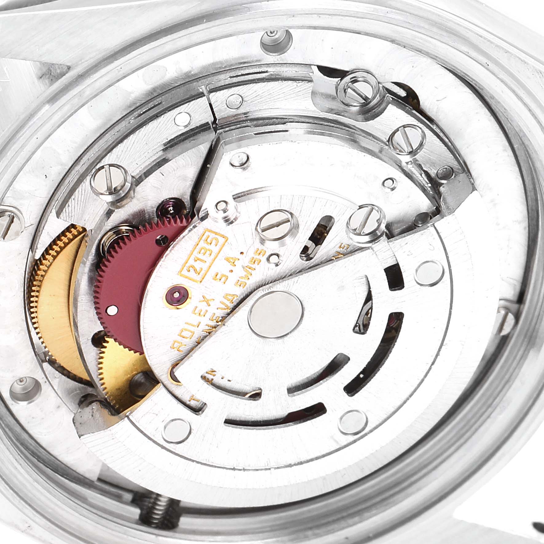 This image shows a close-up of the movement mechanism inside a Rolex Mid-Size 68273 Women's Steel and Gold (two tone) Grey Dial 68273 Women's Steel and Gold (two tone) Grey Dial watch from a top-down angle.
