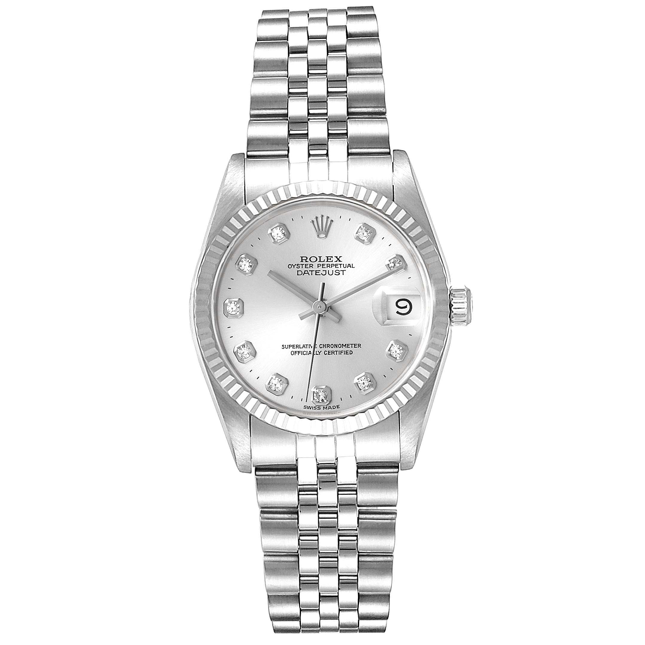 The image shows a front view of a Rolex Oyster Perpetual Datejust Mid-Size watch with a silver dial and a Jubilee bracelet.