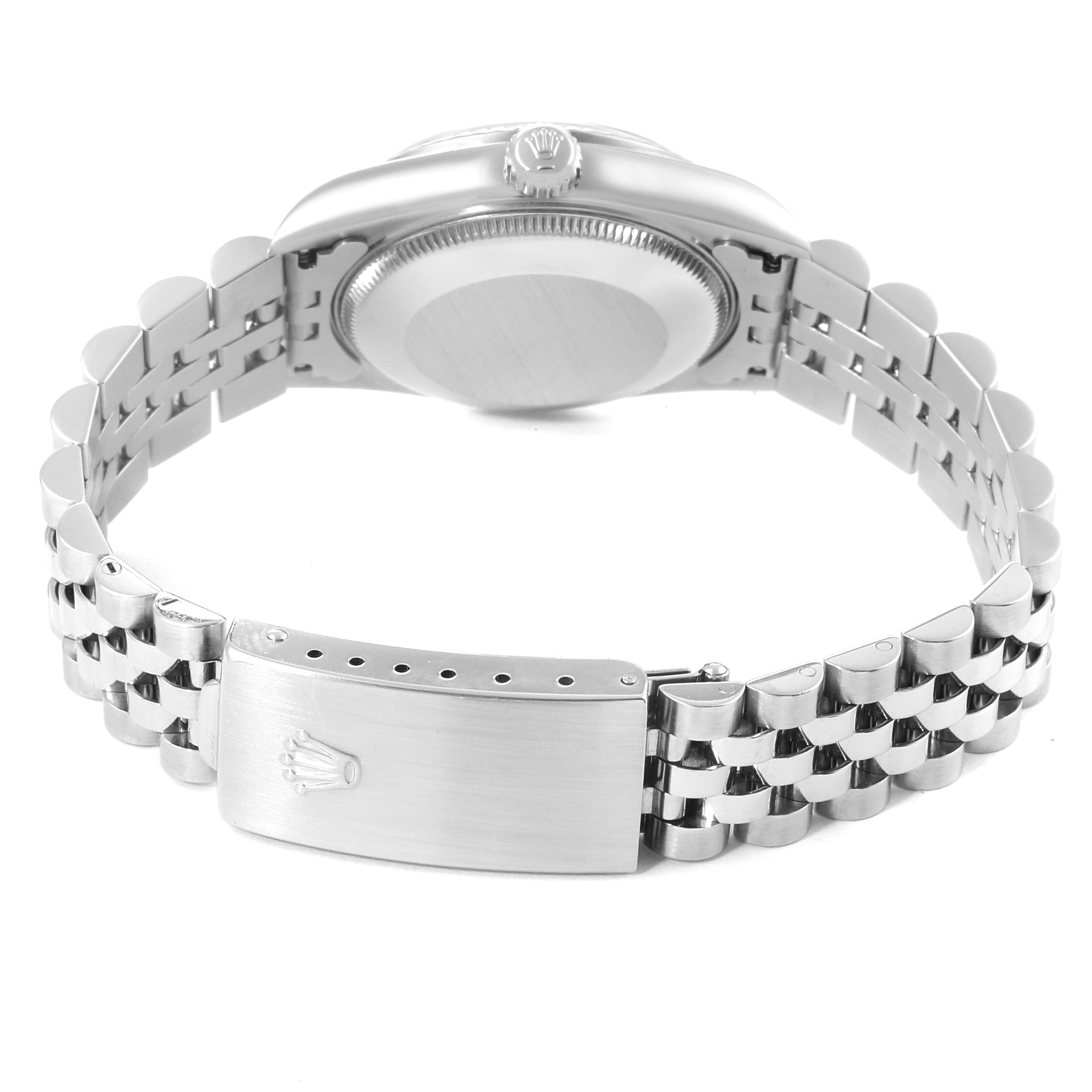 This image shows the back angle of a Rolex Mid-Size 68274 Women
s Stainless Steel Silver Dial 68274 Women
s Stainless Steel Silver Dial watch, focusing on the clasp, case back, and bracelet.