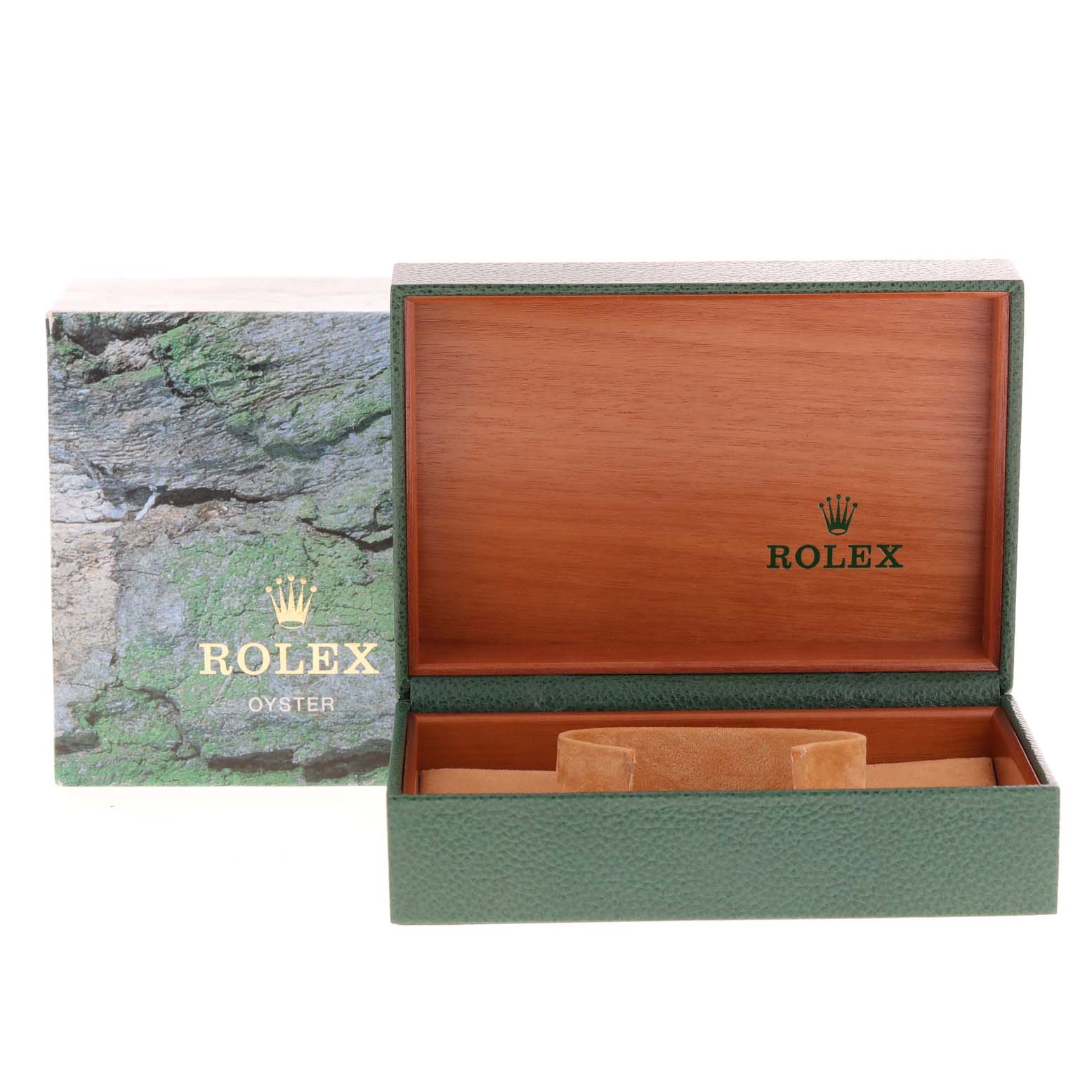 The image shows an open green Rolex box for a Mid-Size model, displaying the empty interior and the outer box with the Rolex logo.