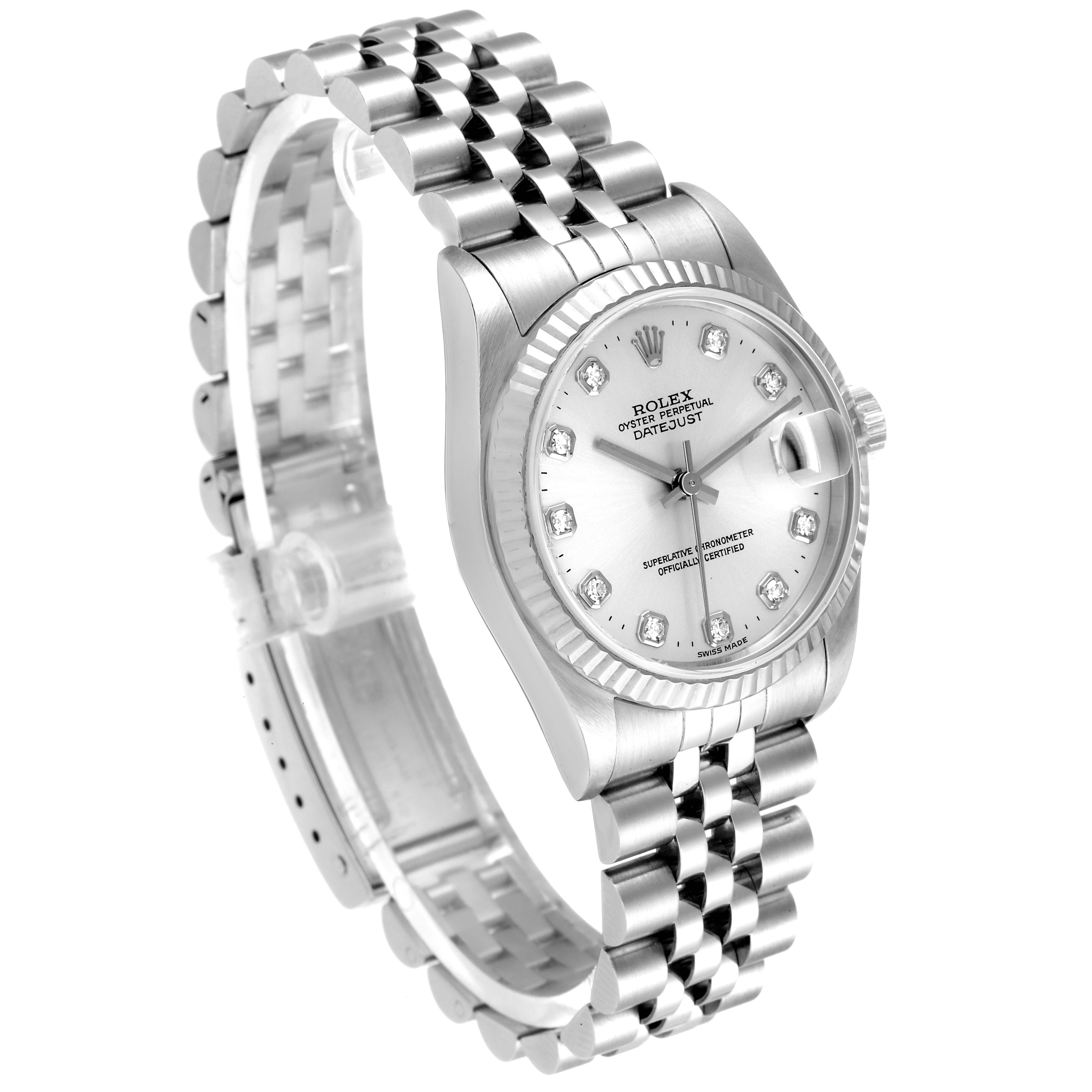 The image shows a Rolex Mid-Size 68274 Women
s Stainless Steel Silver Dial 68274 Women
s Stainless Steel Silver Dial Datejust watch at a slight right-facing angle, highlighting its face, bezel, and bracelet.