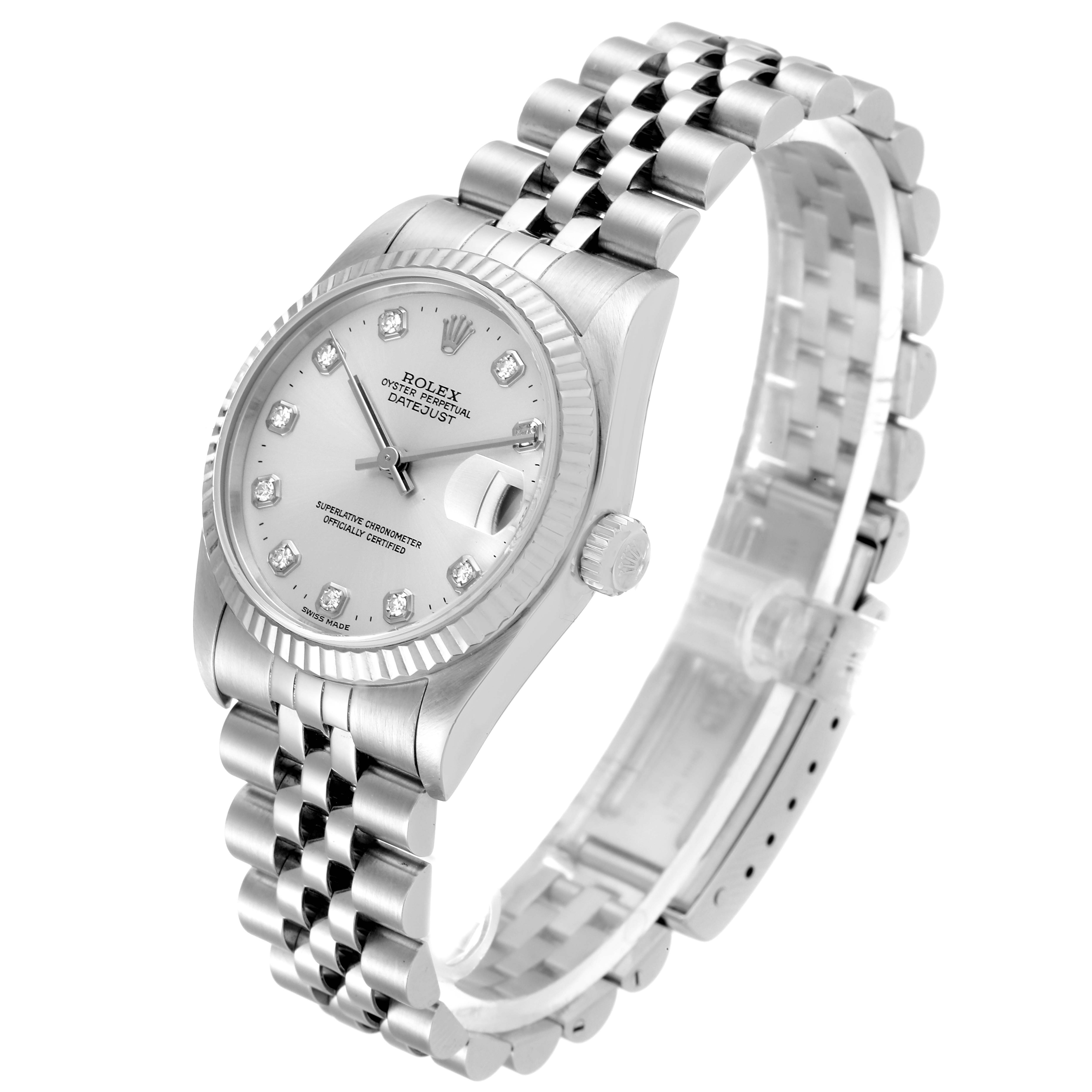 This image shows a Rolex Mid-Size 68274 Women
s Stainless Steel Silver Dial 68274 Women
s Stainless Steel Silver Dial Datejust watch at a three-quarter angle, highlighting its face, bezel, and bracelet.