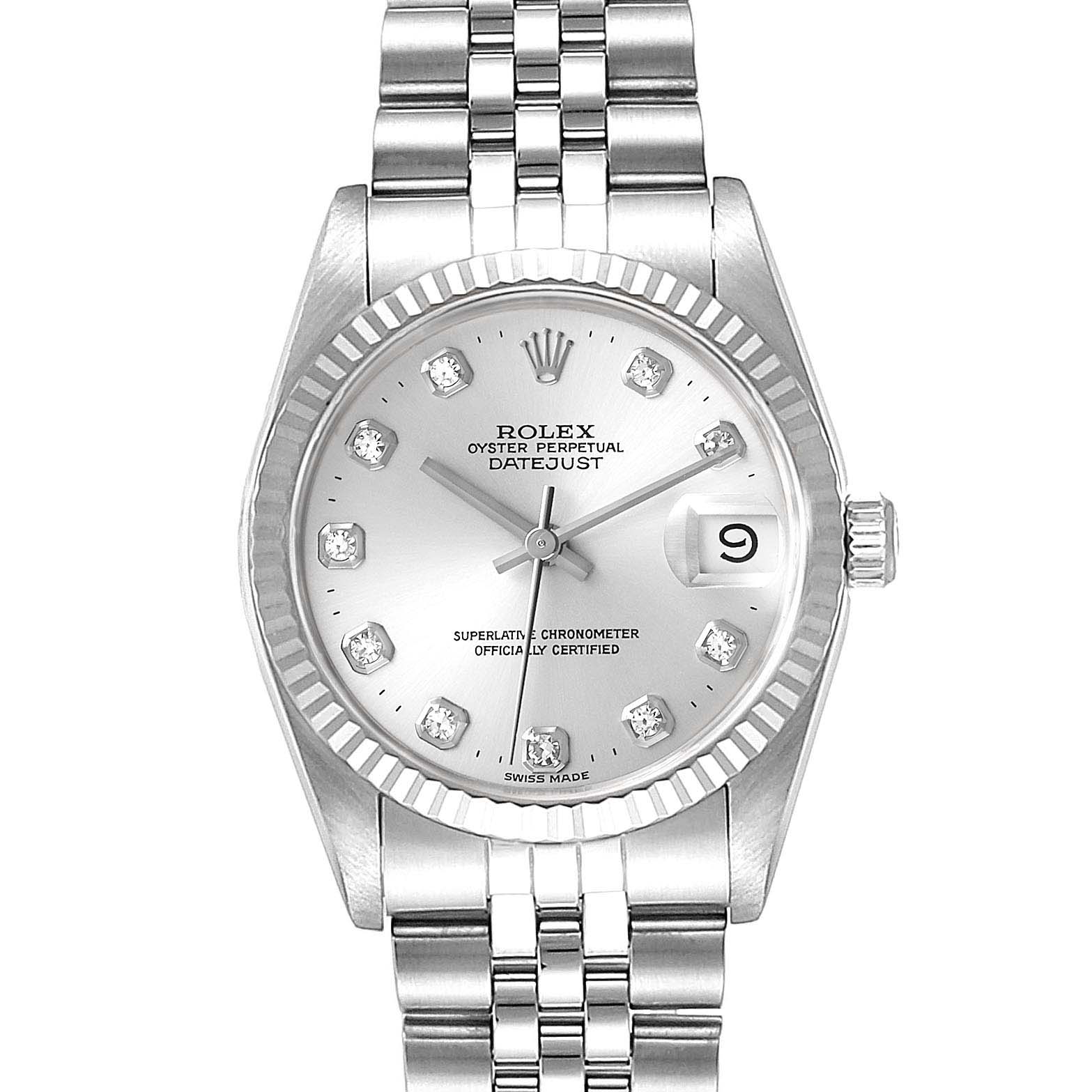 This image shows a frontal view of a Rolex Mid-Size 68274 Women
s Stainless Steel Silver Dial 68274 Women
s Stainless Steel Silver Dial Datejust watch, displaying the face, bezel, crown, and part of the bracelet.
