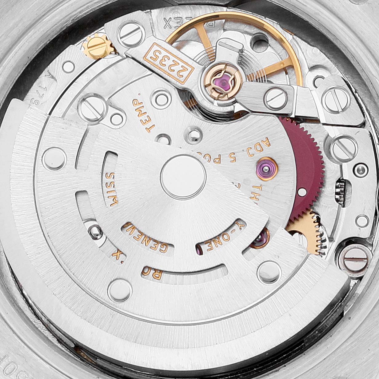 This image shows a close-up of the internal mechanism of a Rolex President 179296 Women's Platinum Silver Dial 179296 Women's Platinum Silver Dial model watch.