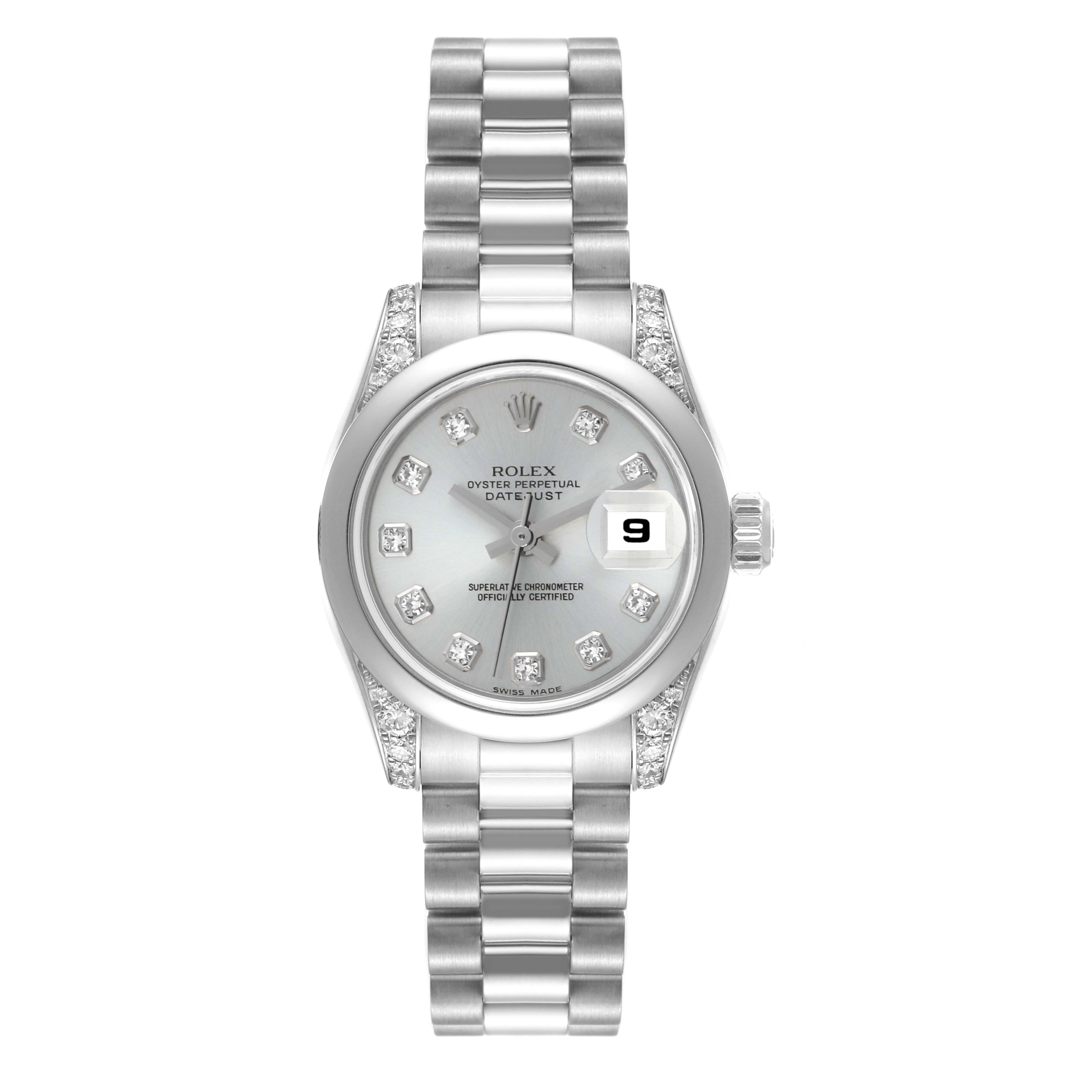 The image shows a front view of a Rolex President 179296 Women's Platinum Silver Dial 179296 Women's Platinum Silver Dial model watch, highlighting the dial, bracelet, and date window.