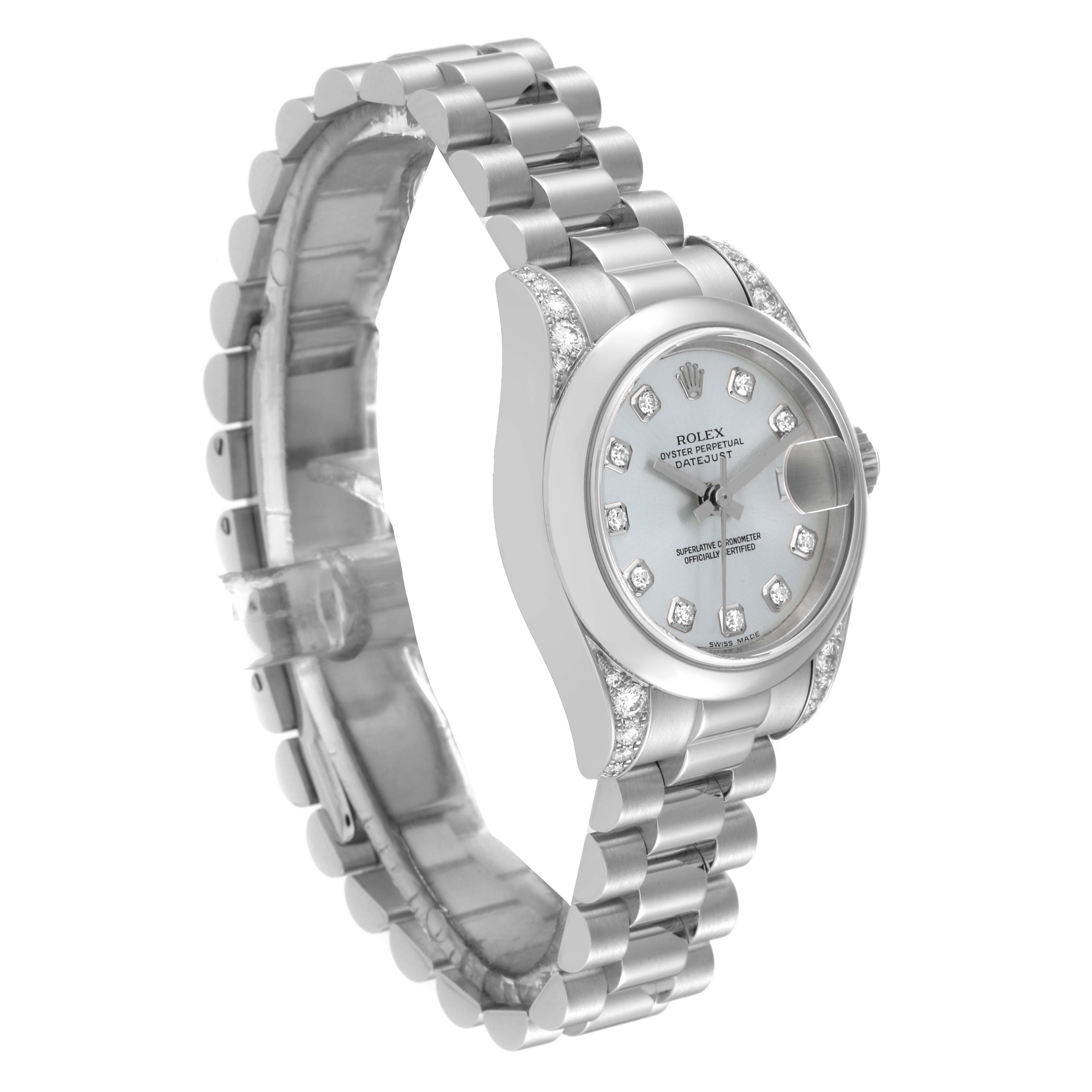 The image shows a side view of a Rolex President 179296 Women's Platinum Silver Dial 179296 Women's Platinum Silver Dial model watch, highlighting its bracelet and diamond-studded dial.