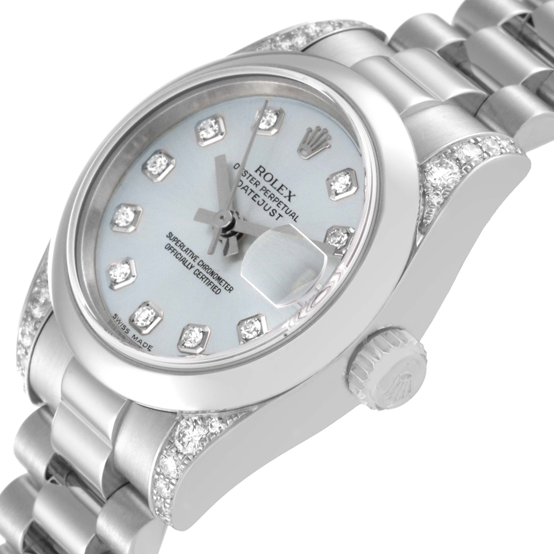 The image shows a close-up, angled view of the Rolex President 179296 Women's Platinum Silver Dial 179296 Women's Platinum Silver Dial watch, highlighting the face, bezel, and part of the bracelet.