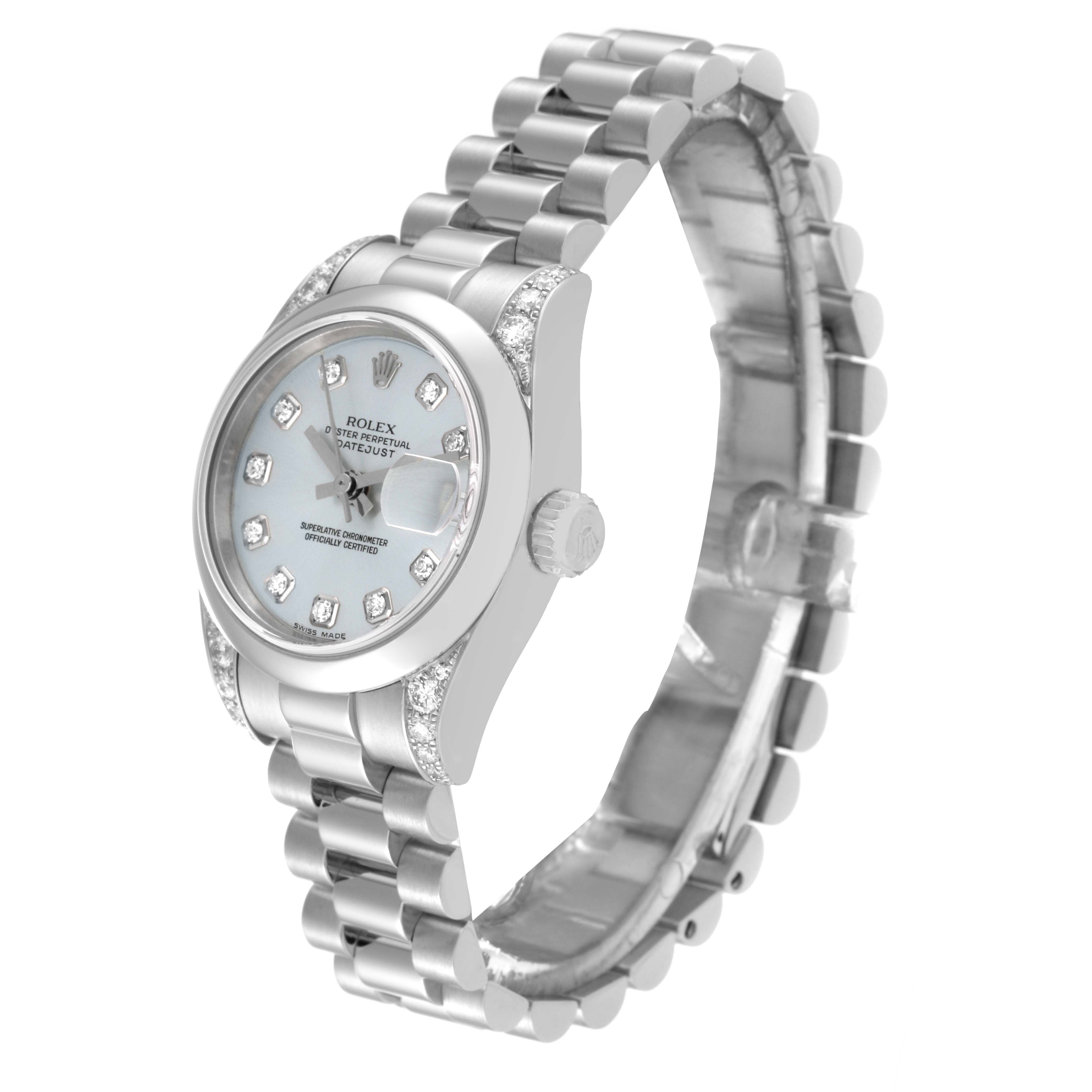 The image shows a Rolex President 179296 Women's Platinum Silver Dial 179296 Women's Platinum Silver Dial model watch from an angled side view, displaying the dial, crown, and bracelet.