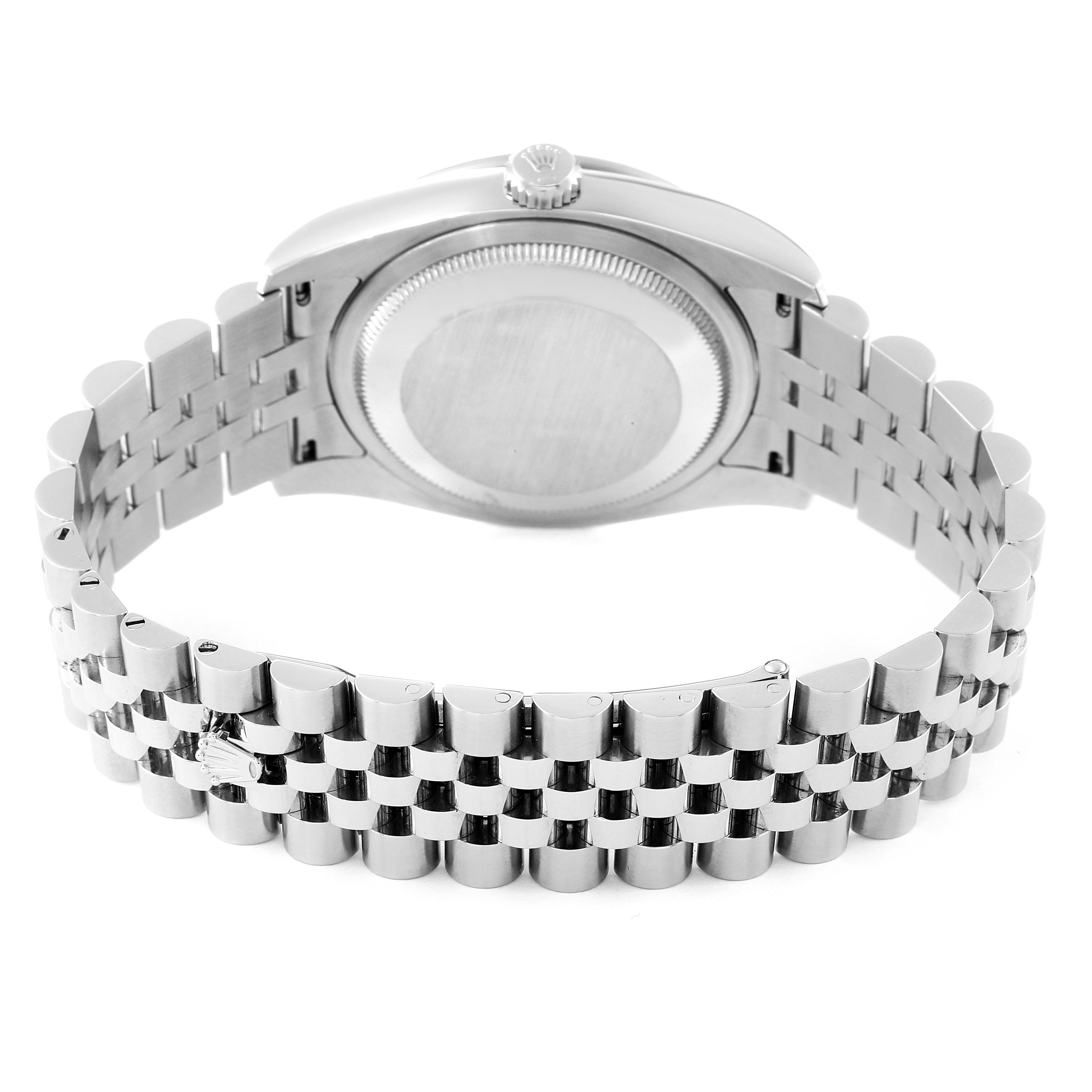 The image shows the back view of the Rolex Datejust 116244 Men's Stainless Steel Silver Dial 116244 Men's Stainless Steel Silver Dial watch, highlighting its case and Jubilee bracelet.
