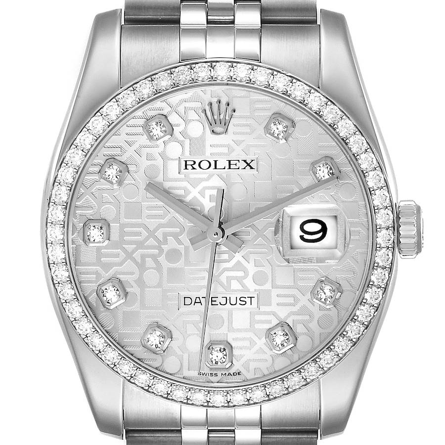 This image shows the front view of a Rolex Datejust watch, highlighting the dial, bezel, crown, and part of the bracelet.