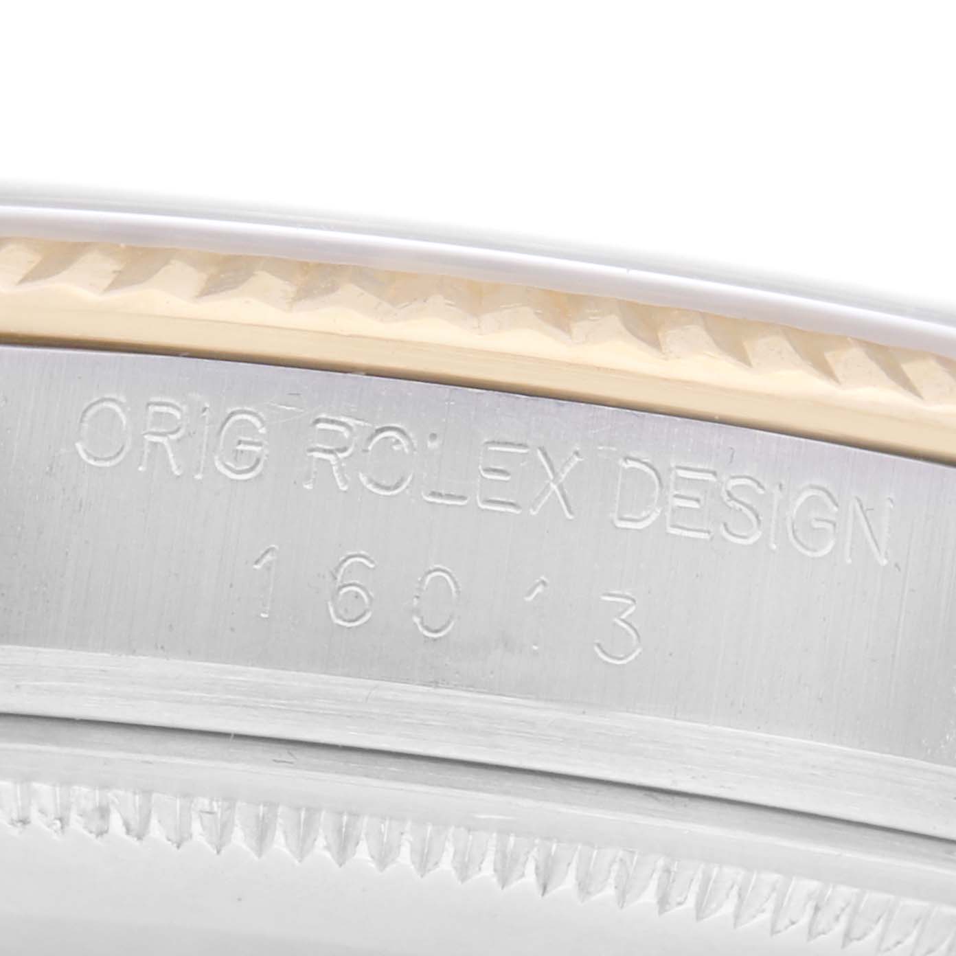 The image shows a close-up of the engraving on the side of the Rolex Datejust, model number 16013, displaying "ORIG ROLEX DESIGN 16013" on the watch case.