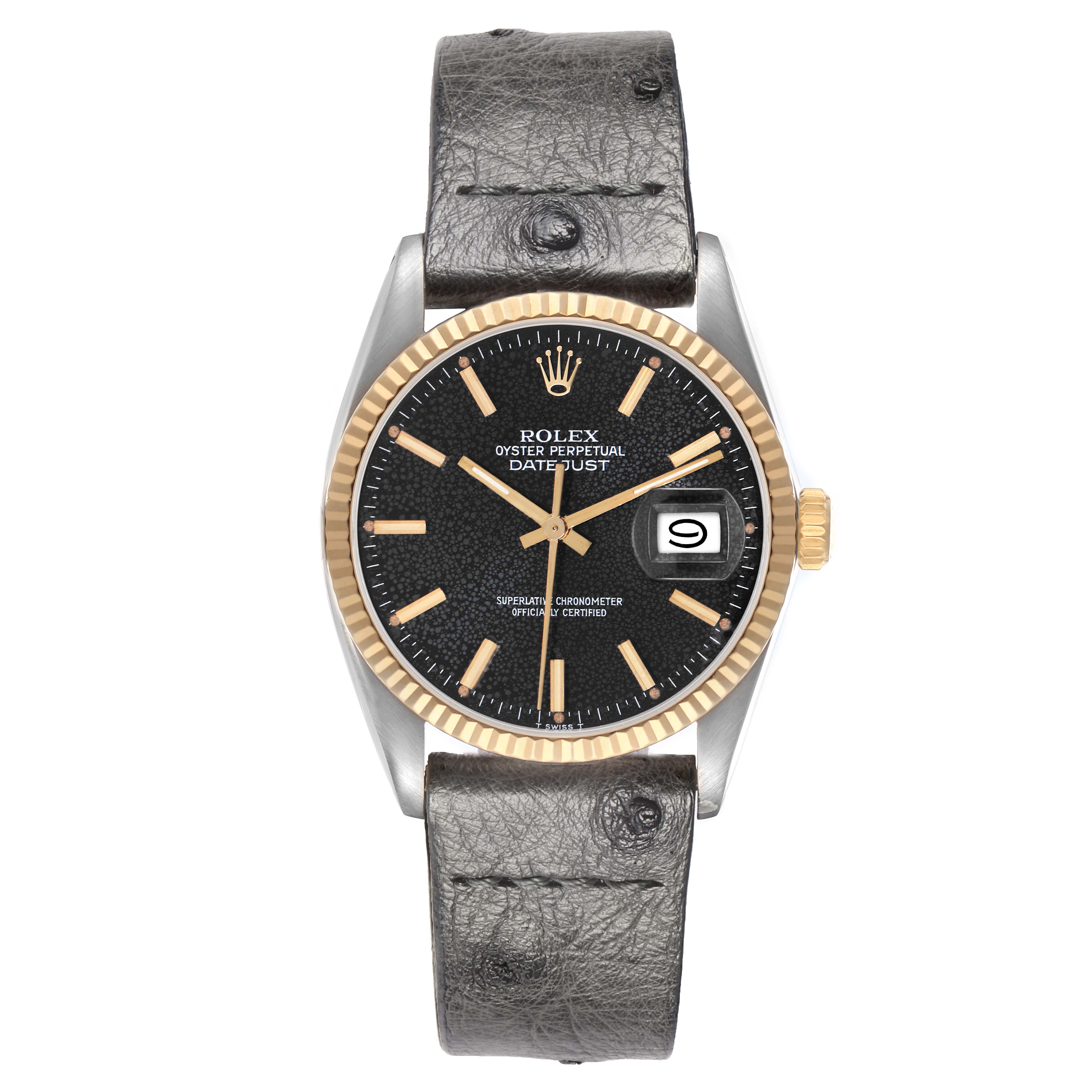 The watch is a Rolex Datejust model 16013, shown from the front, displaying the dial, bezel, crown, case, and strap.