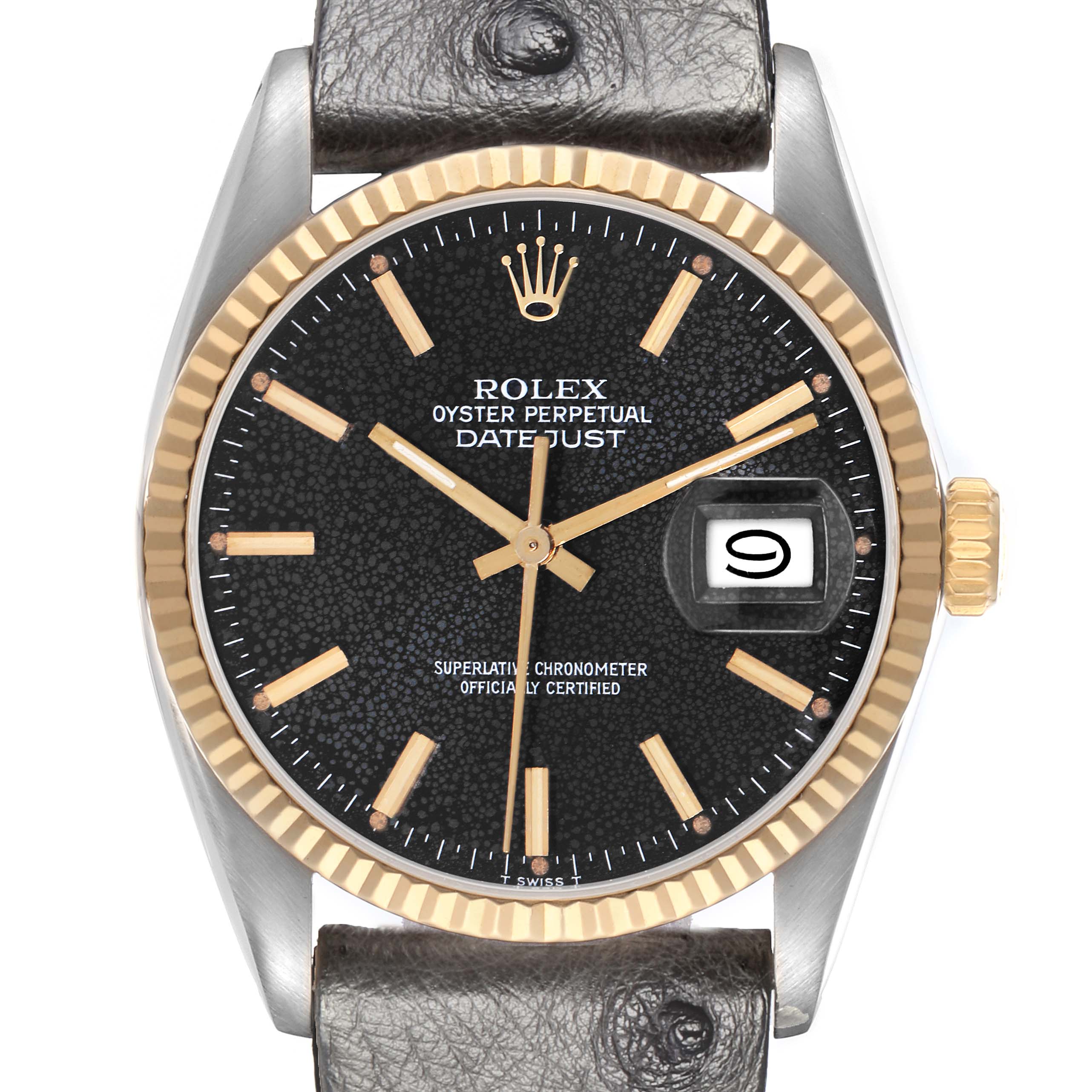 The Rolex Datejust model 16013 men
s watch is shown from a front angle, highlighting the dial, gold fluted bezel, and leather strap.