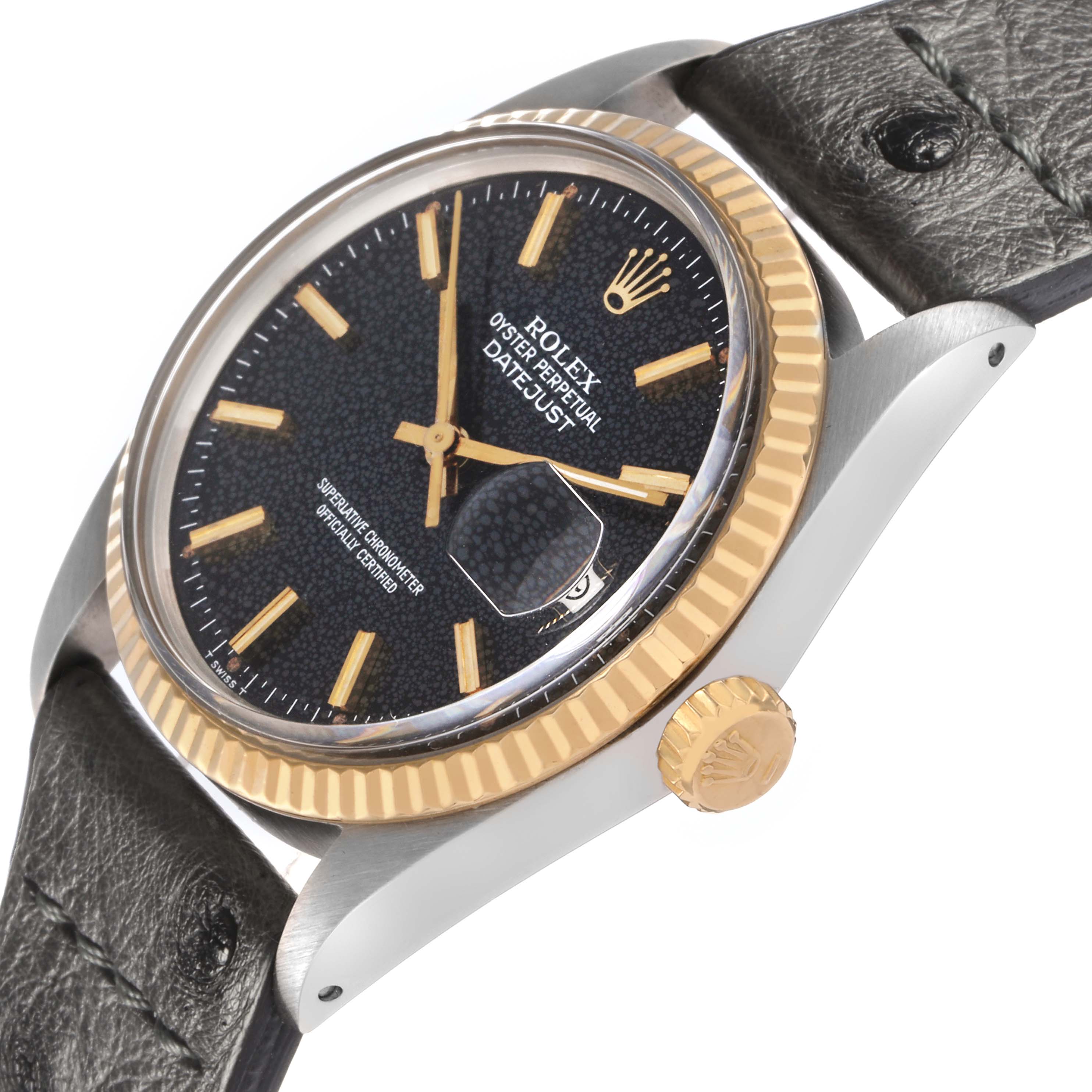 The Rolex Datejust 16013 men
s watch is shown from a side angle, highlighting the bezel, crown, and part of the leather strap.