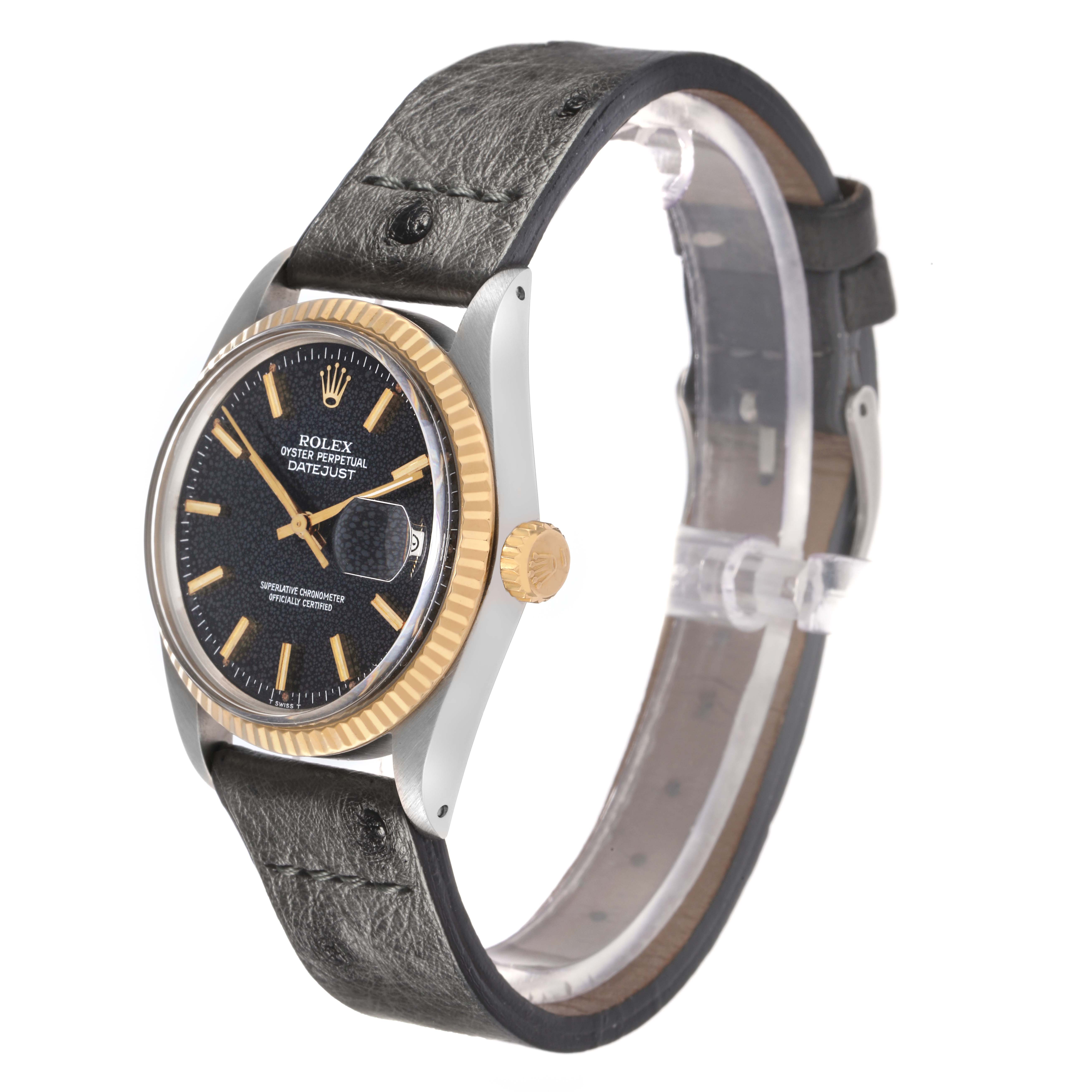 The Rolex Datejust model 16013 is shown at a side angle, highlighting its black dial, gold fluted bezel, crown, and leather strap.