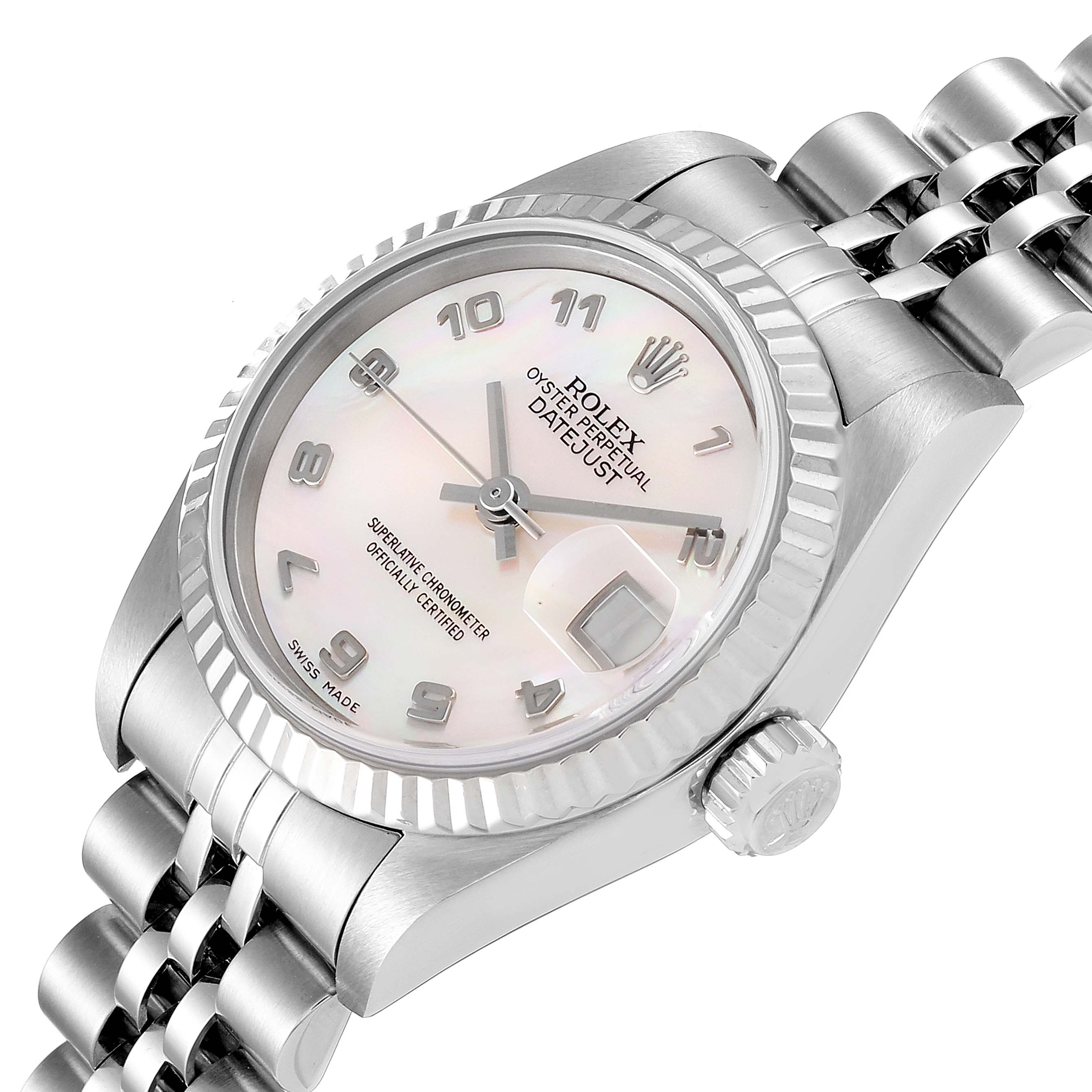 The image shows a Rolex Datejust 79174 Women
s Stainless Steel Mother of Pearl Dial 79174 Women
s Stainless Steel Mother of Pearl Dial watch at an angled view highlighting the face, bezel, and part of the bracelet.