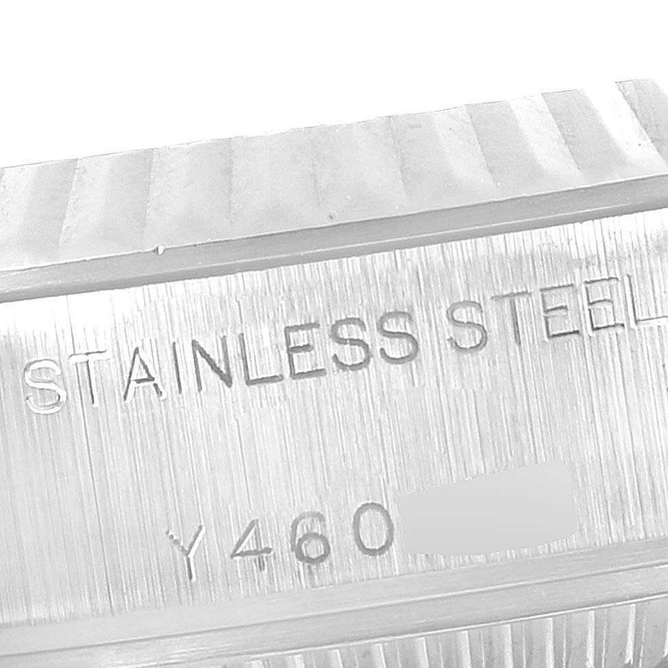 The close-up image shows the stainless steel casing with engraved details of a Rolex Datejust 79174 Women
s Stainless Steel Mother of Pearl Dial 79174 Women
s Stainless Steel Mother of Pearl Dial watch.