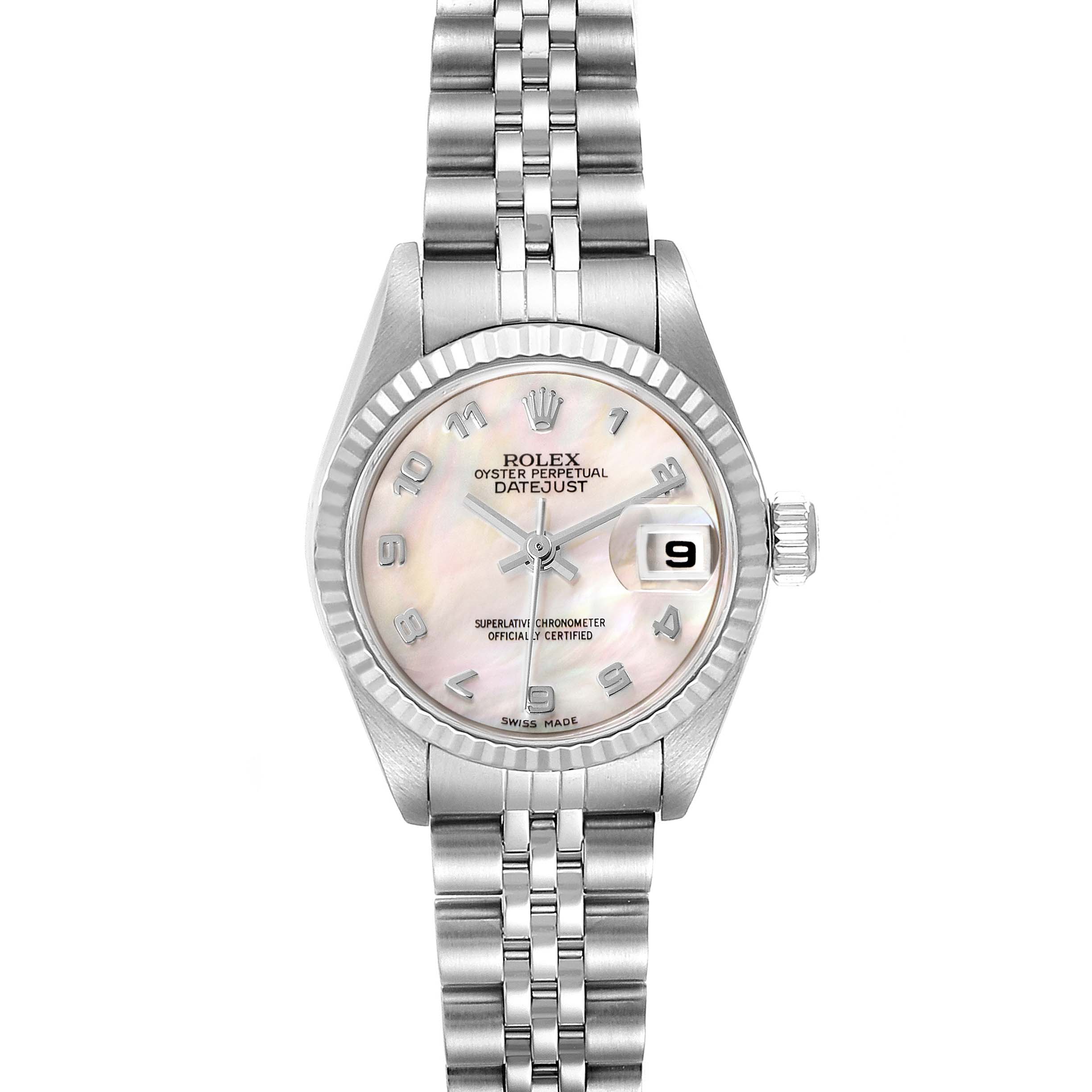 The image shows a frontal view of the Rolex Datejust 79174 Women
s Stainless Steel Mother of Pearl Dial 79174 Women
s Stainless Steel Mother of Pearl Dial watch, highlighting its face, bezel, dial, and bracelet.
