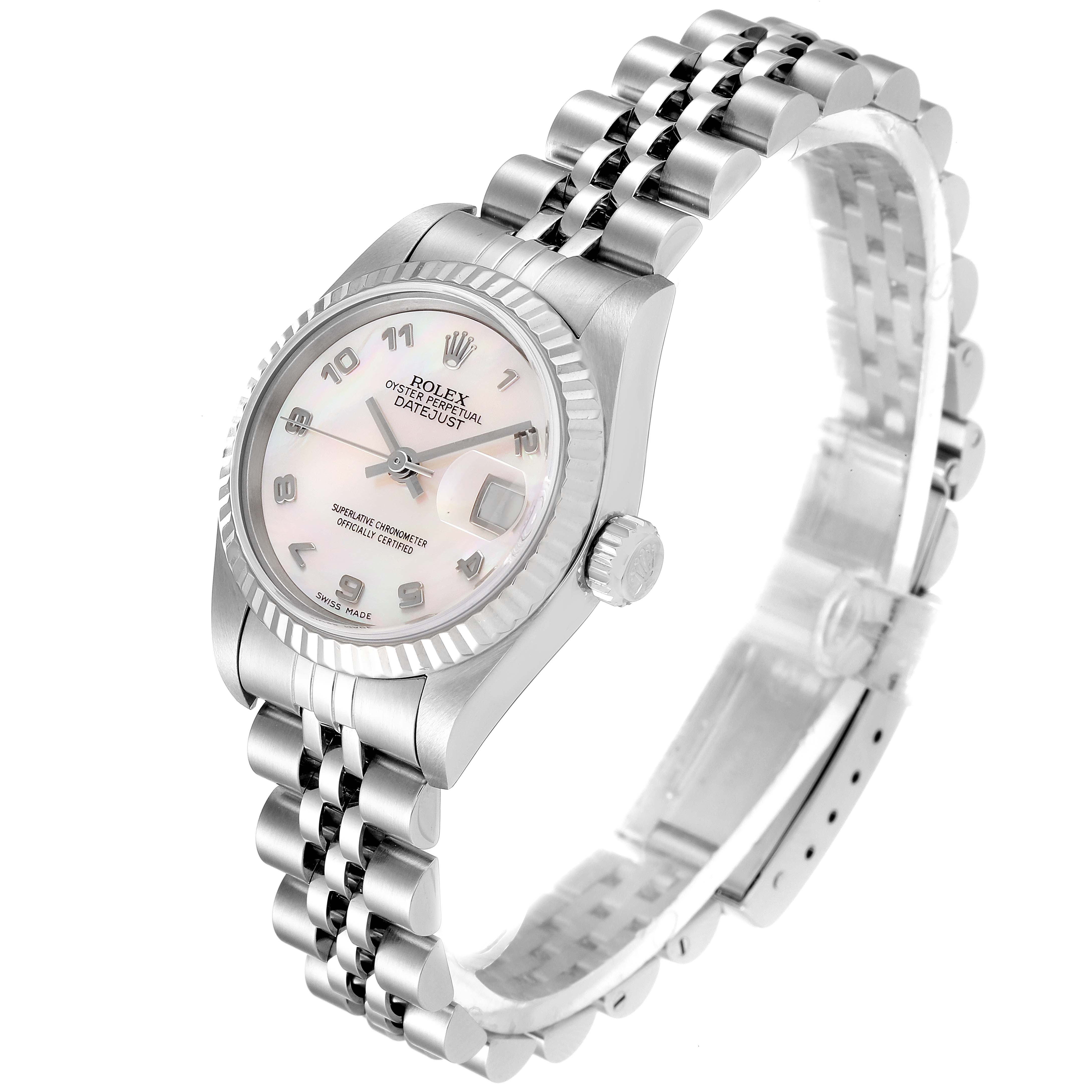 The image shows a Rolex Datejust 79174 Women
s Stainless Steel Mother of Pearl Dial 79174 Women
s Stainless Steel Mother of Pearl Dial watch at a three-quarter angle, highlighting the dial, bezel, crown, and bracelet.