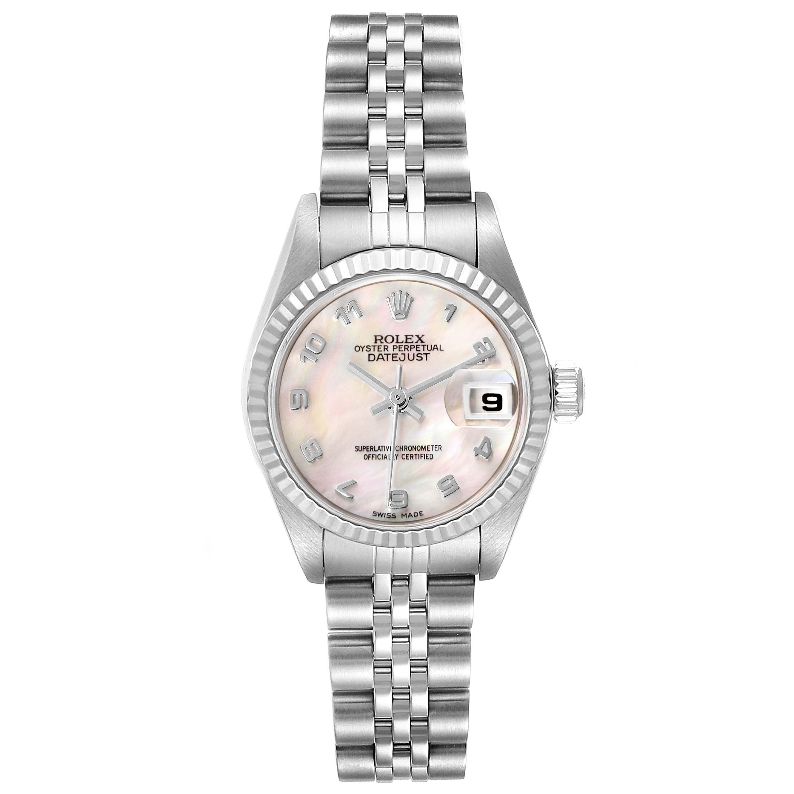 The Rolex Datejust 79174 Women
s Stainless Steel Mother of Pearl Dial 79174 Women
s Stainless Steel Mother of Pearl Dial watch is shown from a top-down angle, displaying the dial, bezel, and bracelet.