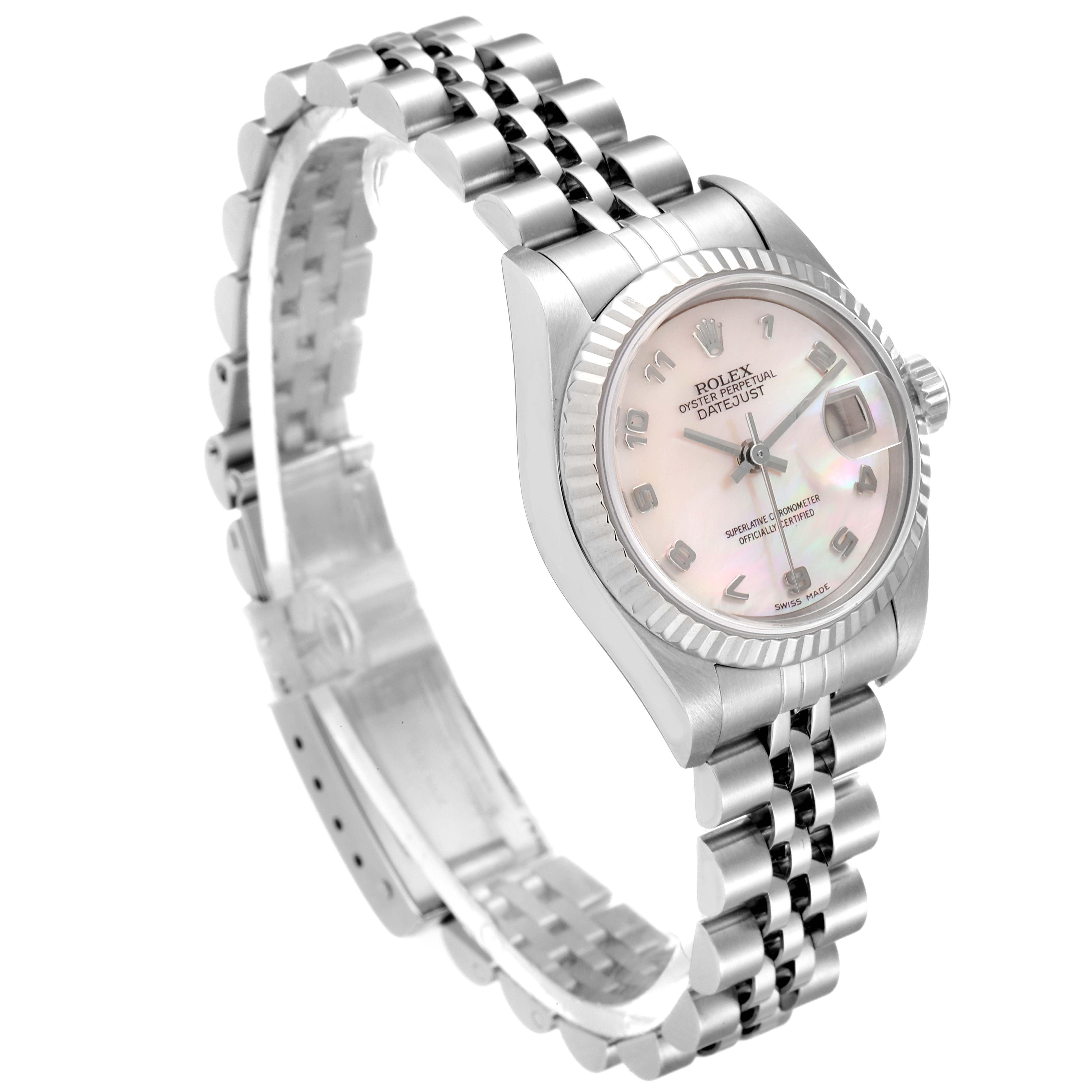 This image shows a Rolex Datejust 79174 Women
s Stainless Steel Mother of Pearl Dial 79174 Women
s Stainless Steel Mother of Pearl Dial watch at an angled view, featuring its face, bezel, crown, and partially extended metal bracelet.