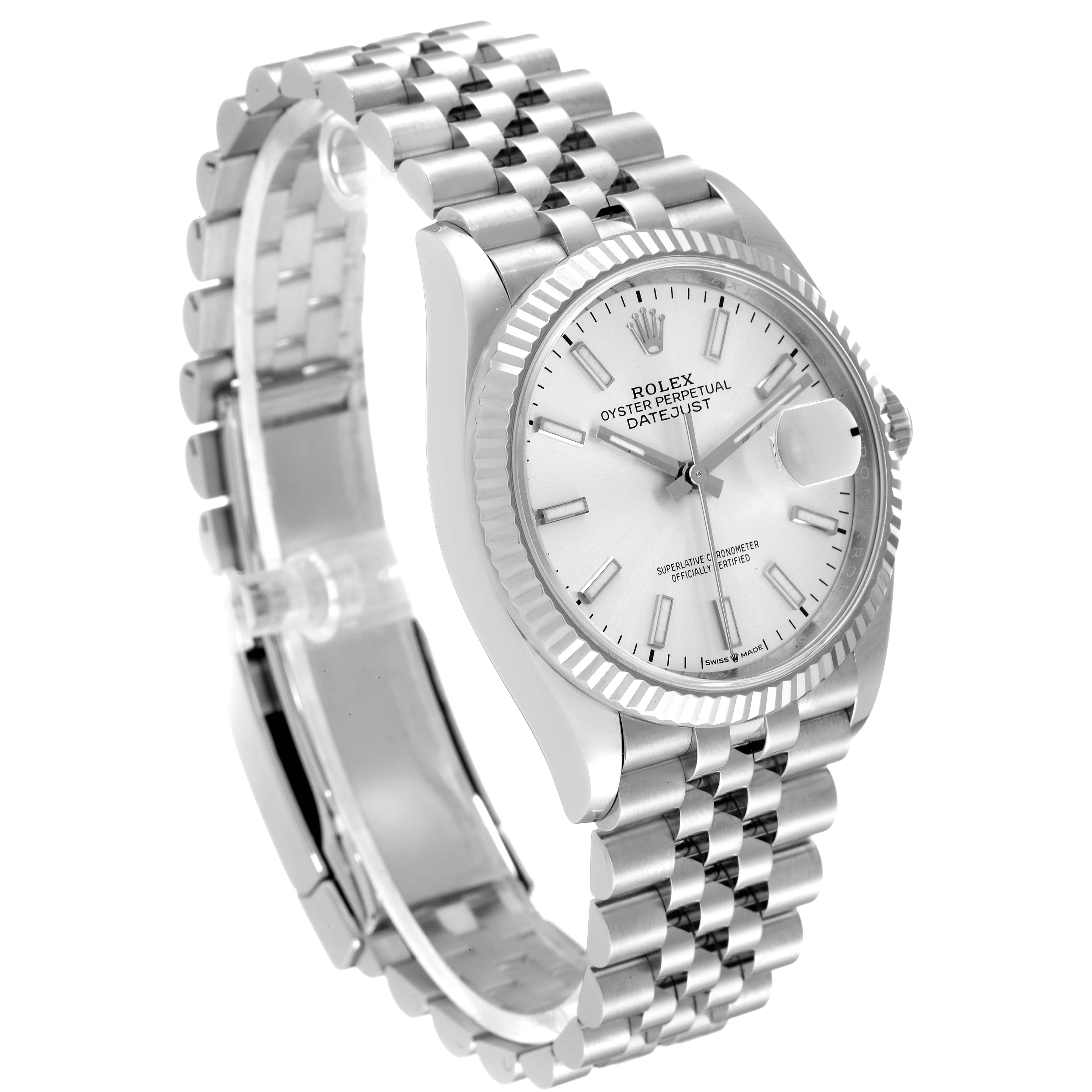 The image shows a Rolex Datejust 126234 Men's Stainless Steel Silver Dial 126234 Men's Stainless Steel Silver Dial watch from a three-quarter angle, highlighting its face, bezel, crown, and bracelet.