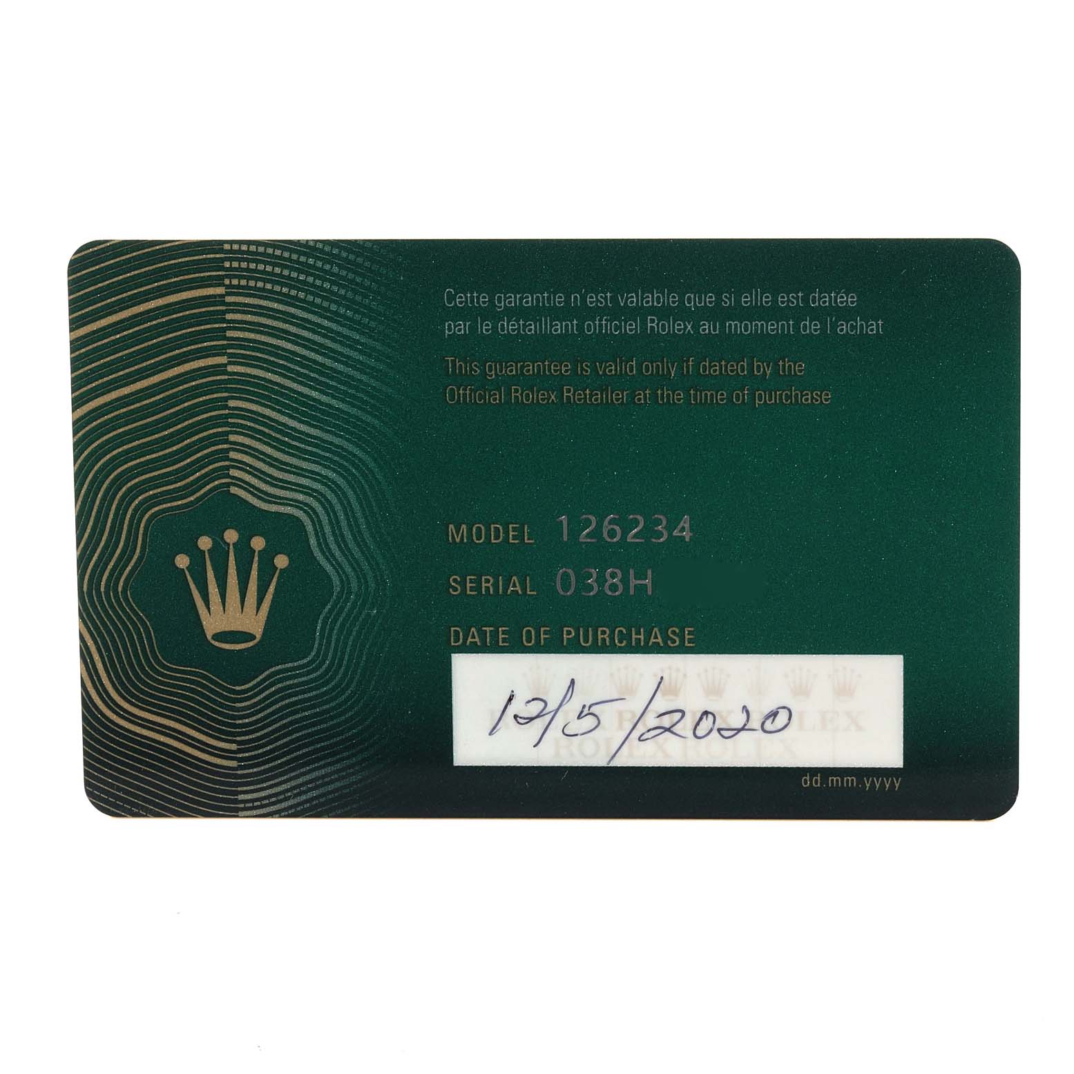 This image shows a guarantee card for a Rolex Datejust 126234 Men's Stainless Steel Silver Dial 126234 Men's Stainless Steel Silver Dial model 126234 with serial number 038H, dated 12/15/2020.