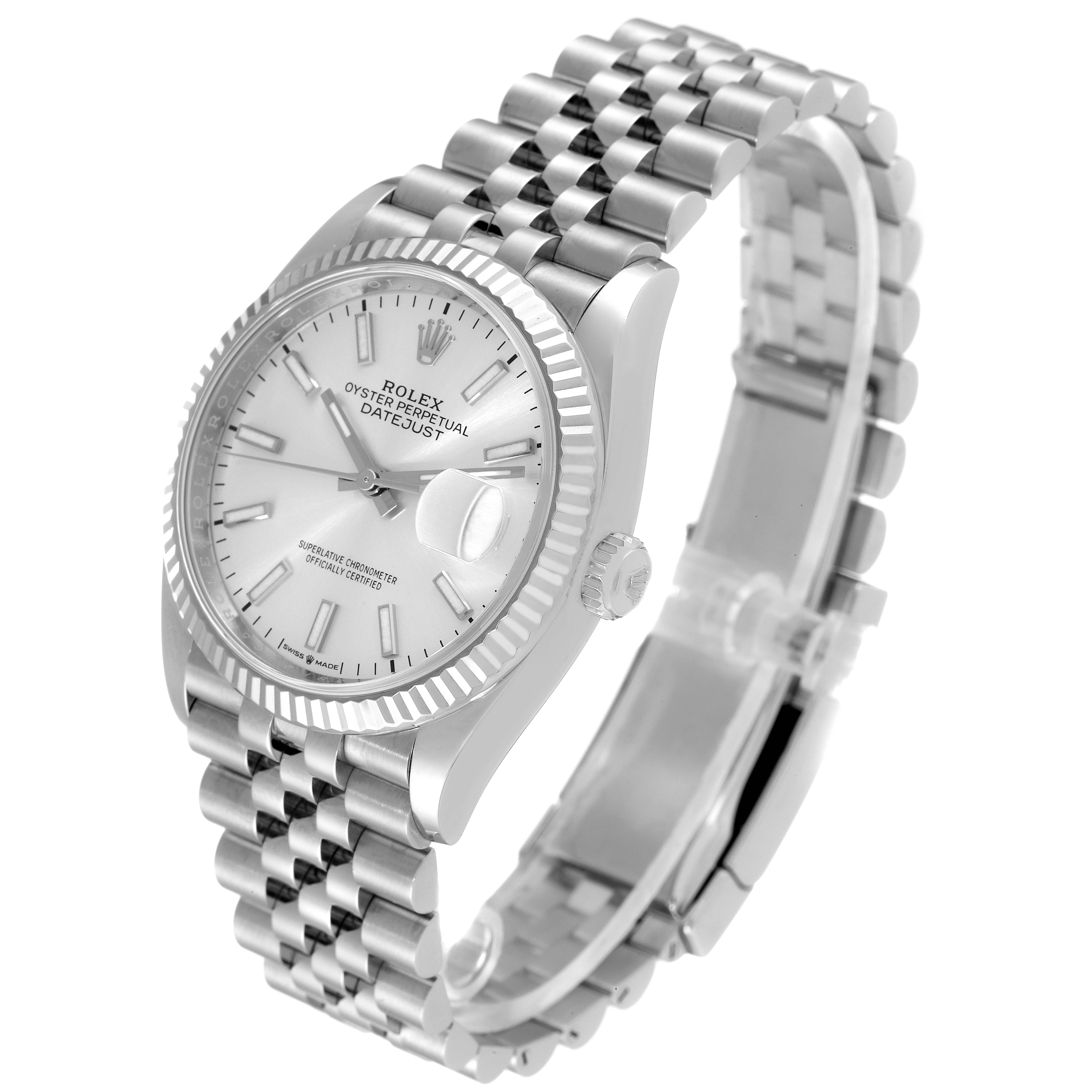 The image shows a Rolex Datejust 126234 Men's Stainless Steel Silver Dial 126234 Men's Stainless Steel Silver Dial watch from a slight side angle, highlighting the dial, bezel, and bracelet.