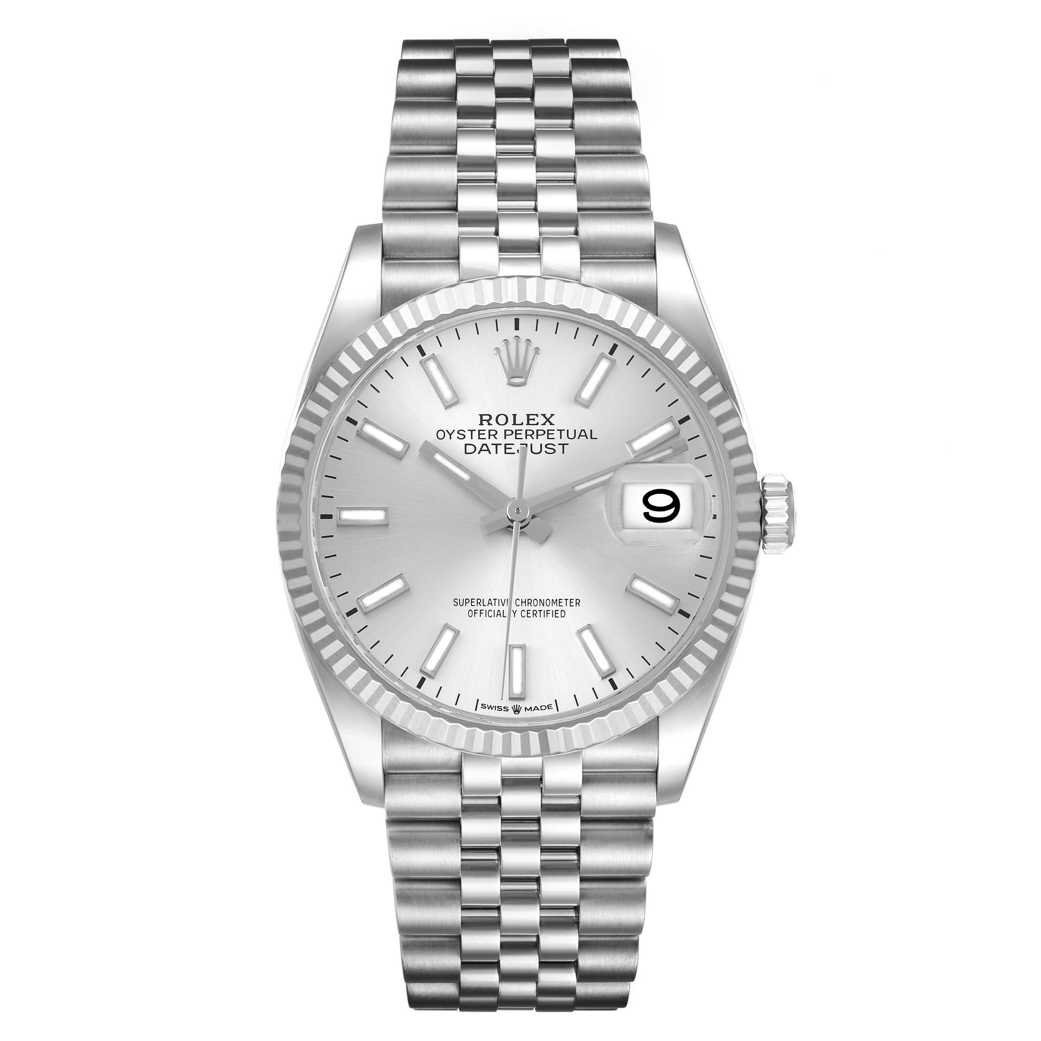 This image shows a front view of a Rolex Datejust 126234 Men's Stainless Steel Silver Dial 126234 Men's Stainless Steel Silver Dial watch, detailing the face, bezel, and bracelet.