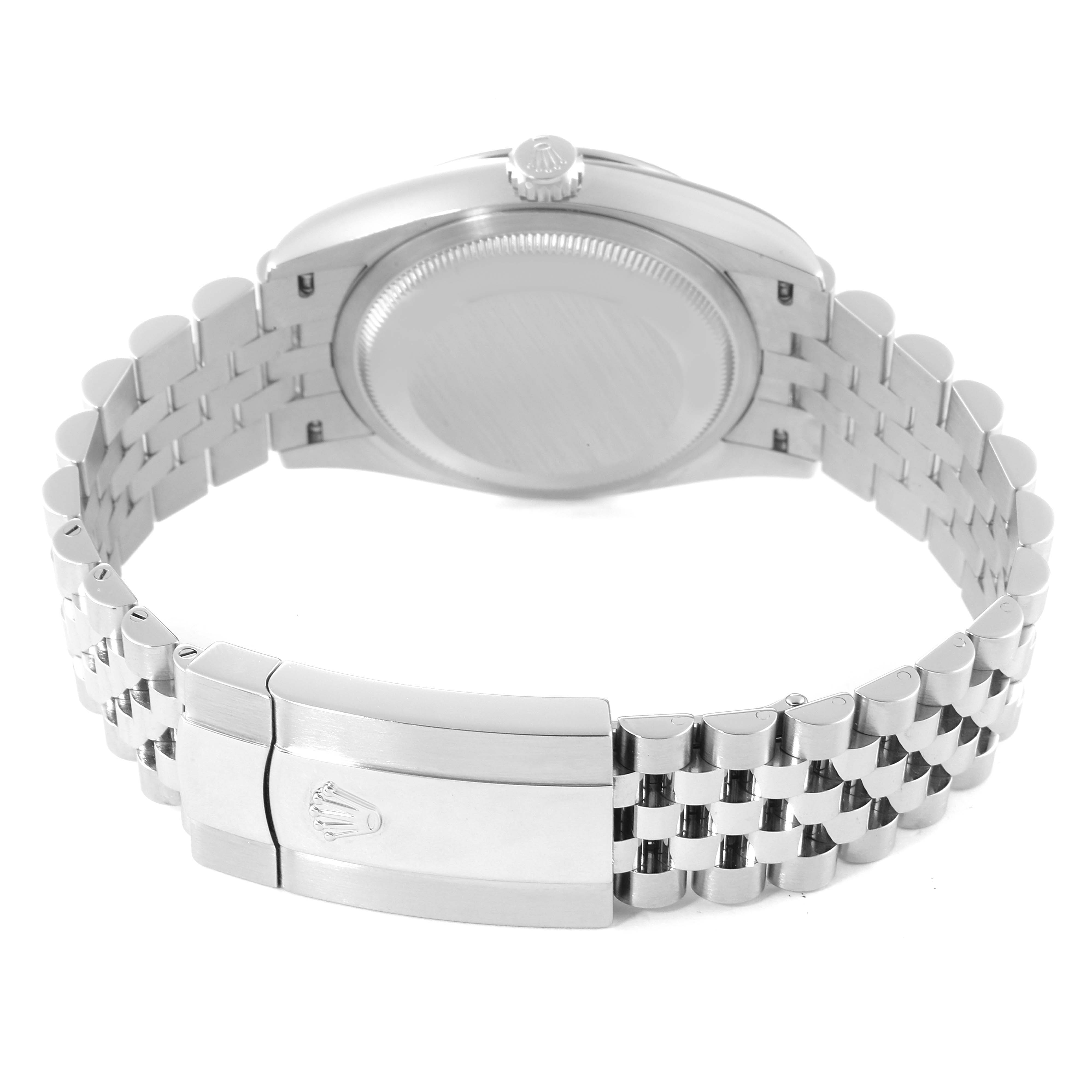 The image shows the back view of a Rolex Datejust 126234 Men's Stainless Steel Silver Dial 126234 Men's Stainless Steel Silver Dial watch, highlighting its caseback and Jubilee bracelet with clasp.