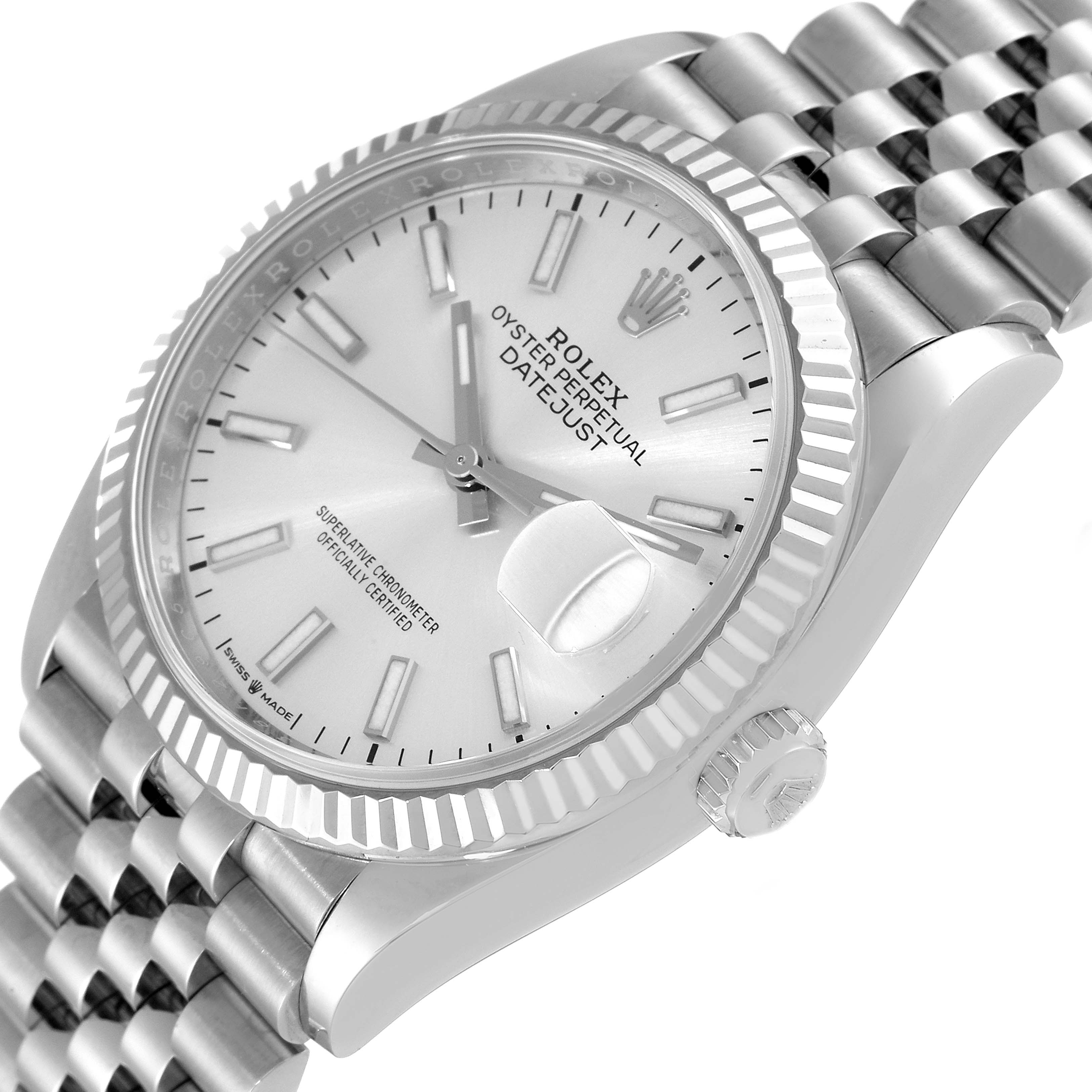 The image shows a close-up view of the Rolex Datejust 126234 Men's Stainless Steel Silver Dial 126234 Men's Stainless Steel Silver Dial, featuring the dial, bezel, crown, and part of the bracelet.