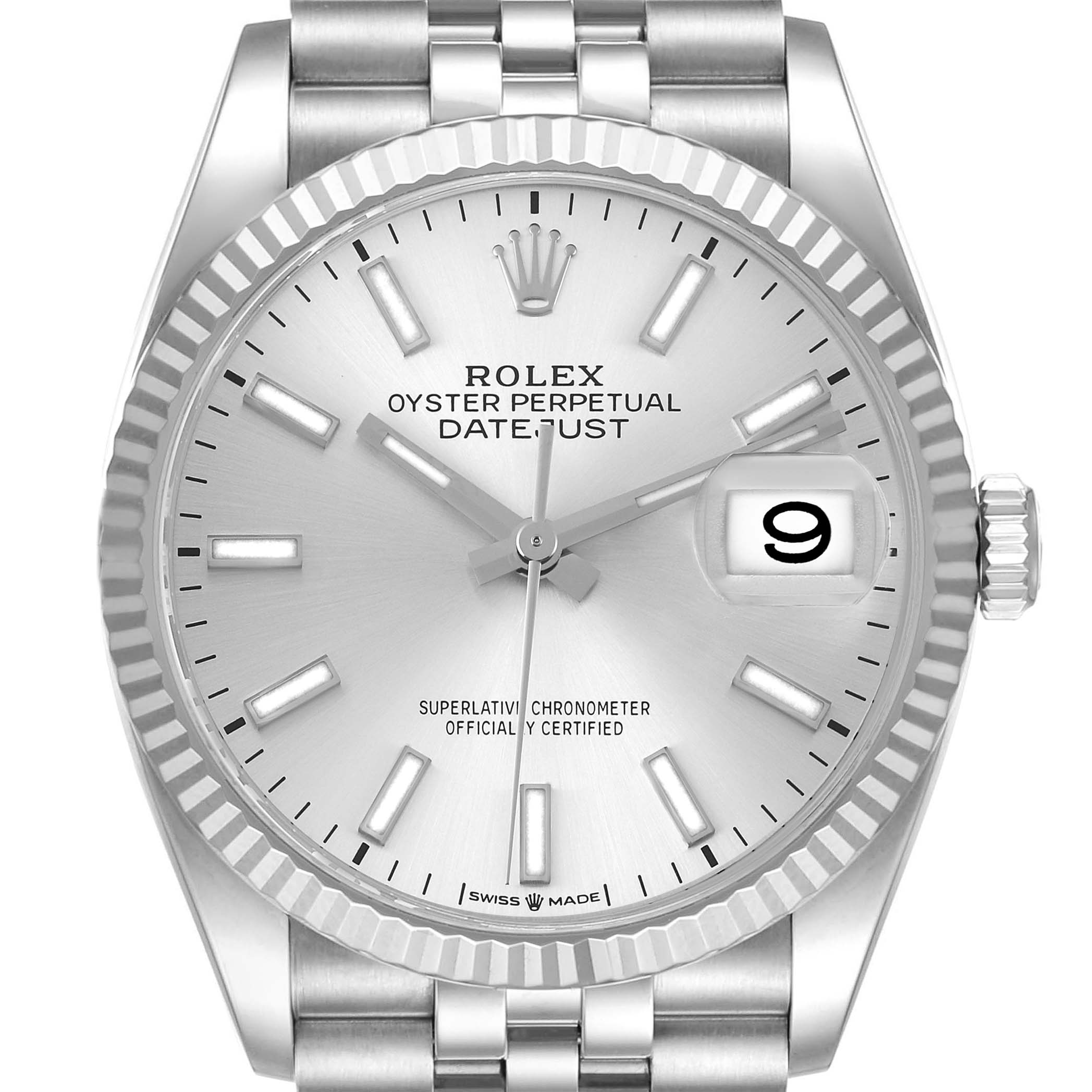 This image shows a front view of the Rolex Datejust 126234 Men's Stainless Steel Silver Dial 126234 Men's Stainless Steel Silver Dial watch, displaying the dial, fluted bezel, and part of the bracelet.