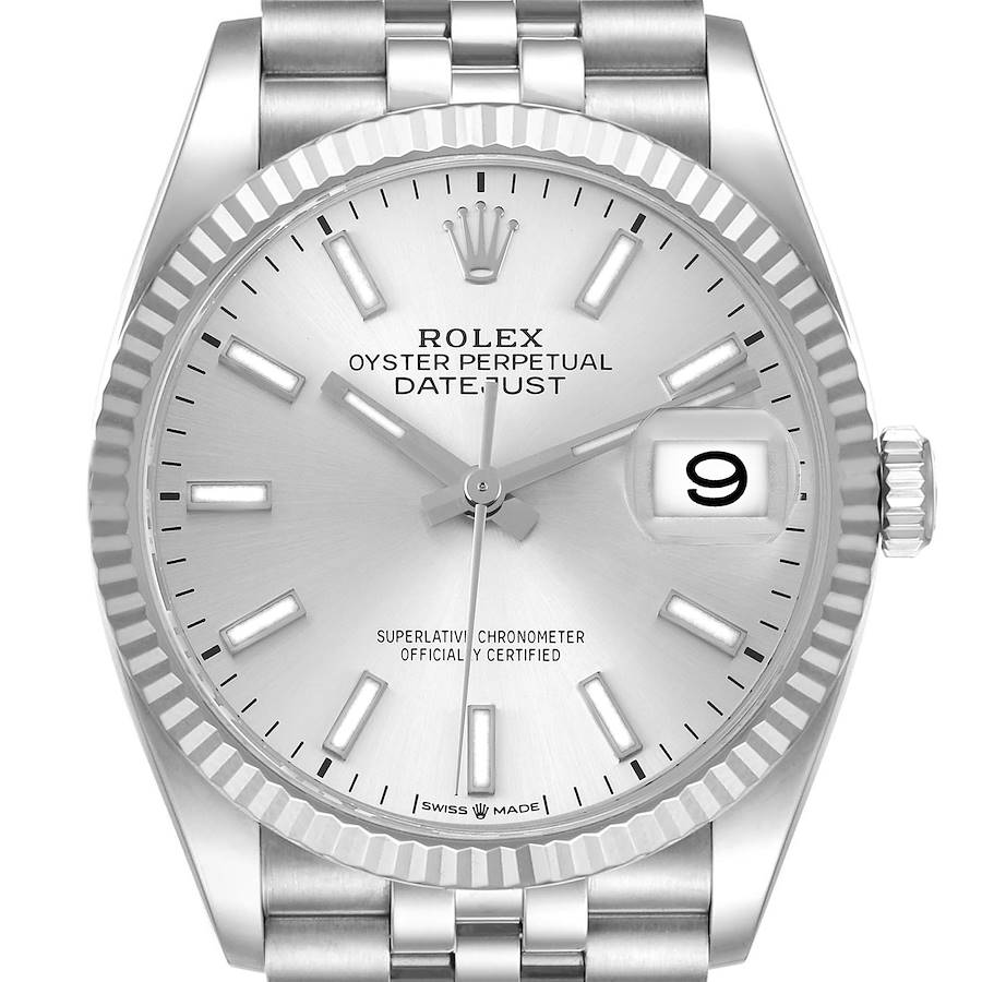 This image shows a front view of the Rolex Datejust watch, displaying the dial, fluted bezel, and part of the bracelet.