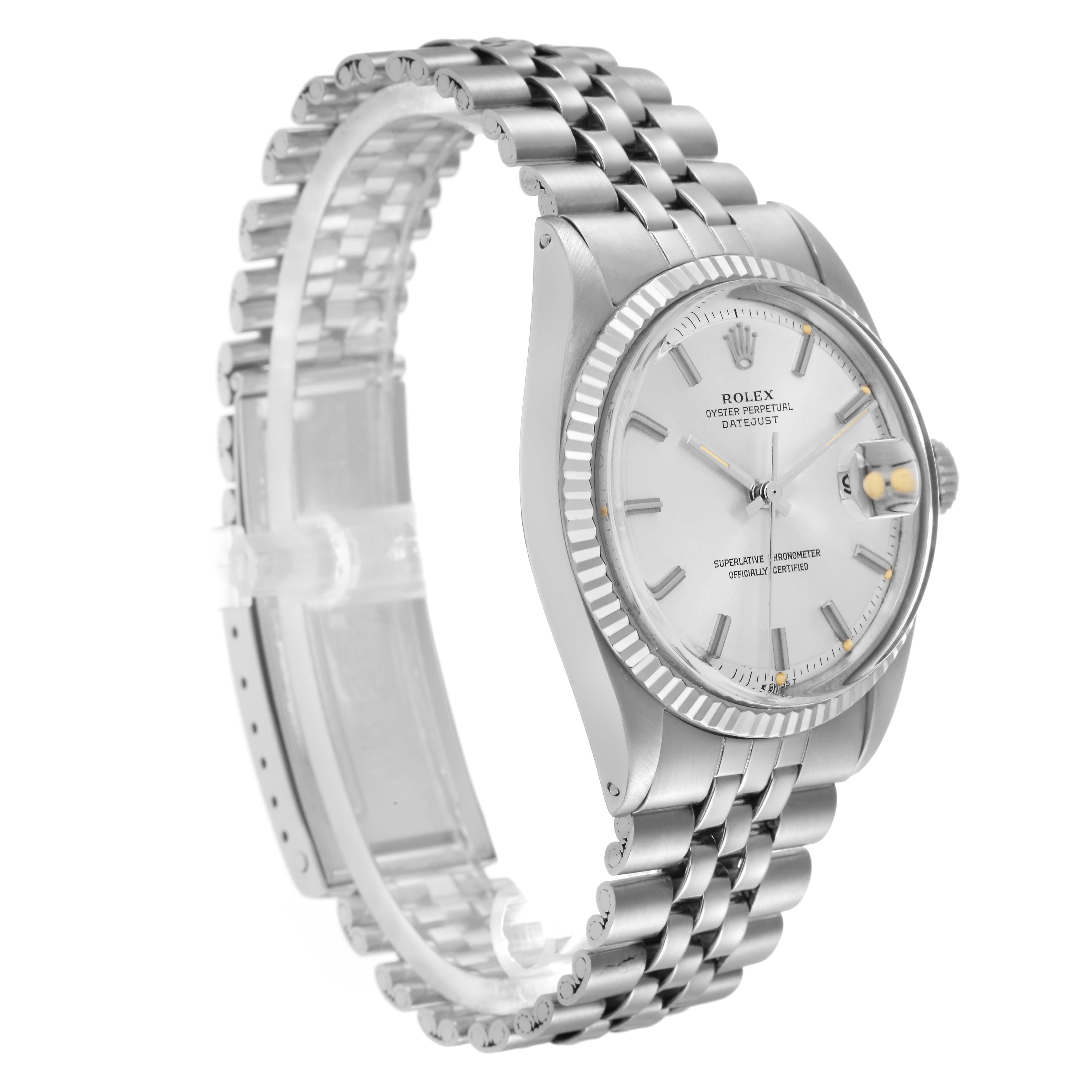 The Rolex Vintage Collection model 1601 men
s watch is shown from a three-quarter angle, highlighting its case, dial, fluted bezel, and Jubilee bracelet.