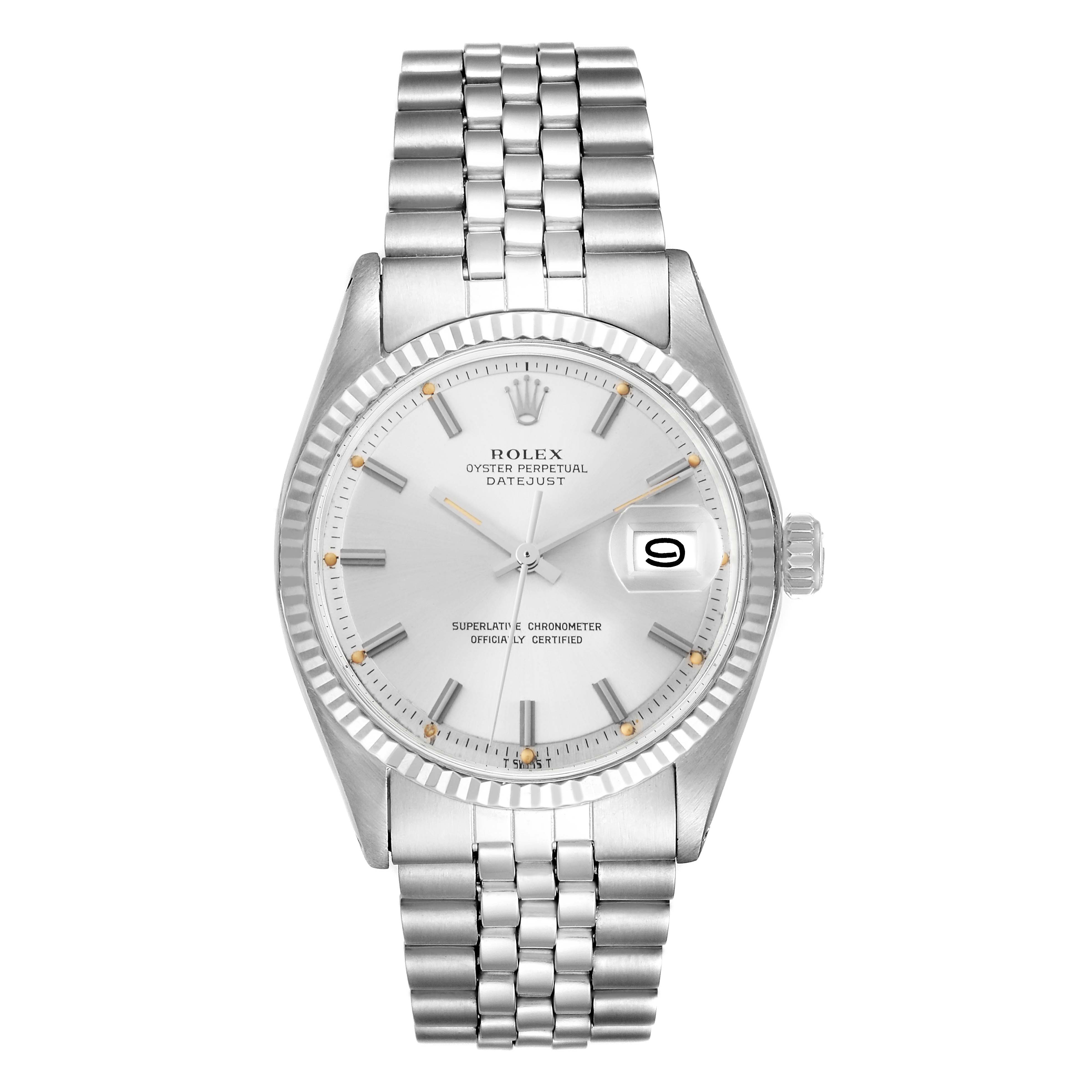 The Rolex Vintage Collection model 1601 is shown from the front, displaying the entire face, bezel, and Jubilee bracelet.