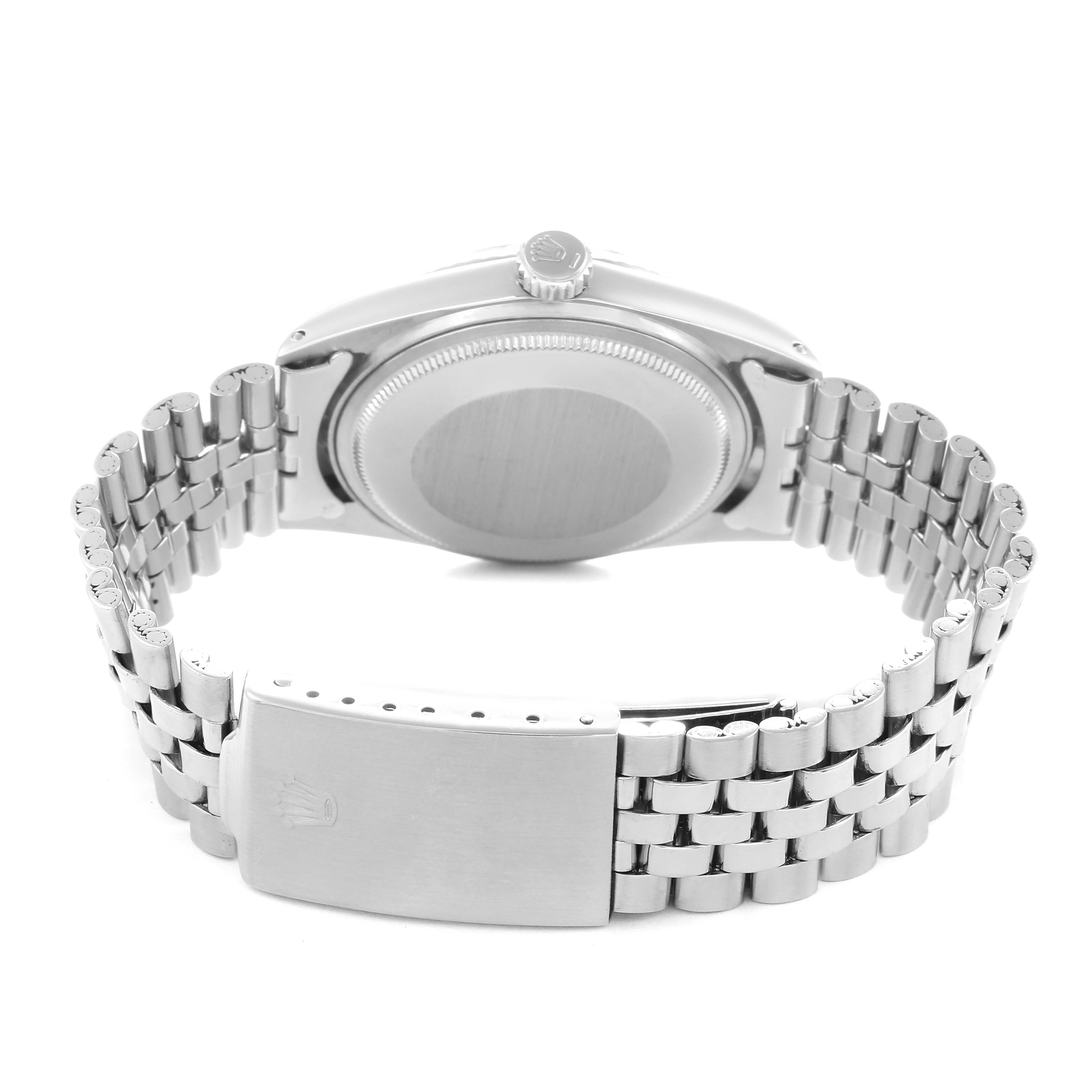 The image shows the back view of a Rolex Vintage Collection men
s watch, model number 1601, highlighting the case back, crown, and metal bracelet.