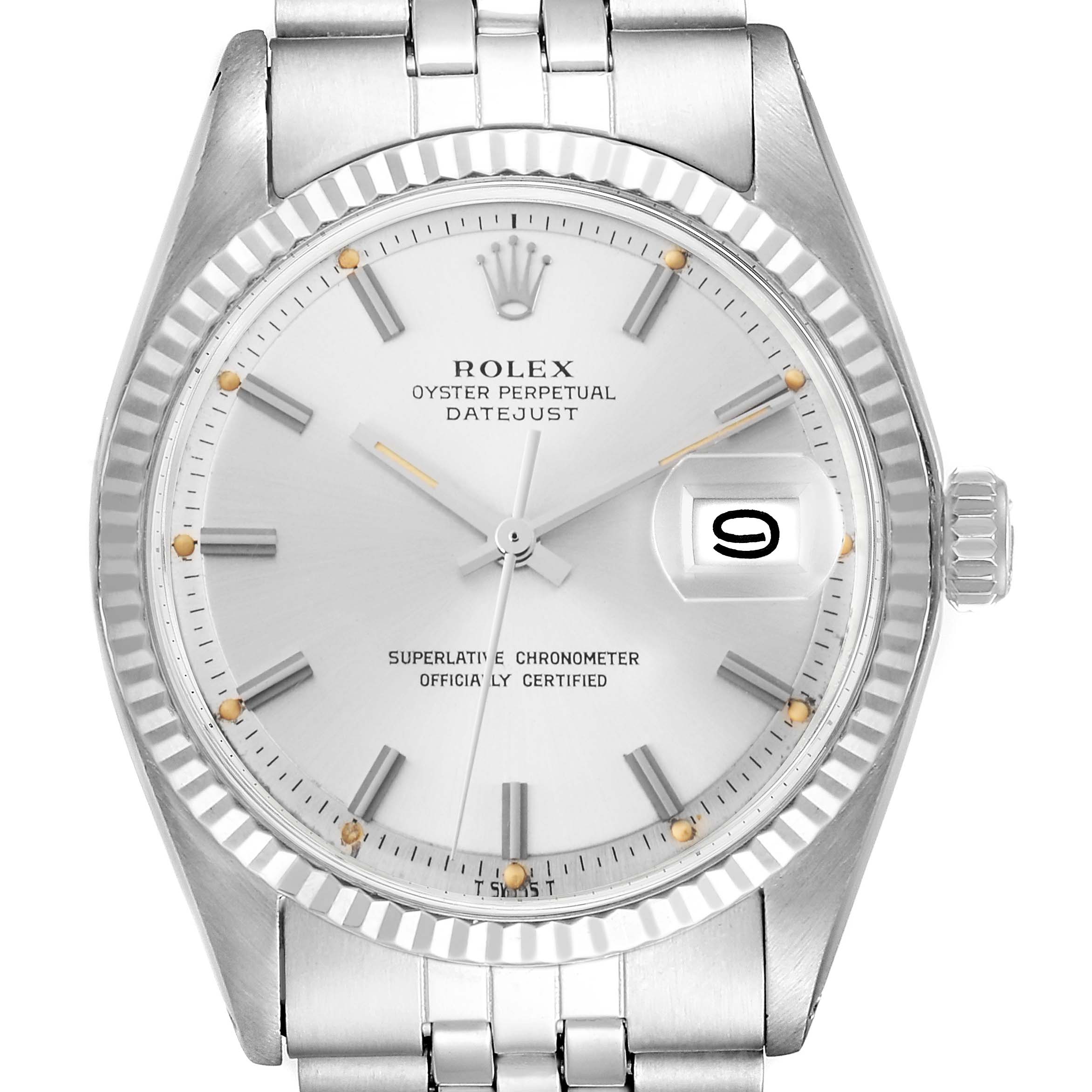 The Rolex Vintage Collection model 1601 men
s watch is shown from the front angle, displaying its dial, fluted bezel, hands, markers, and jubilee bracelet.